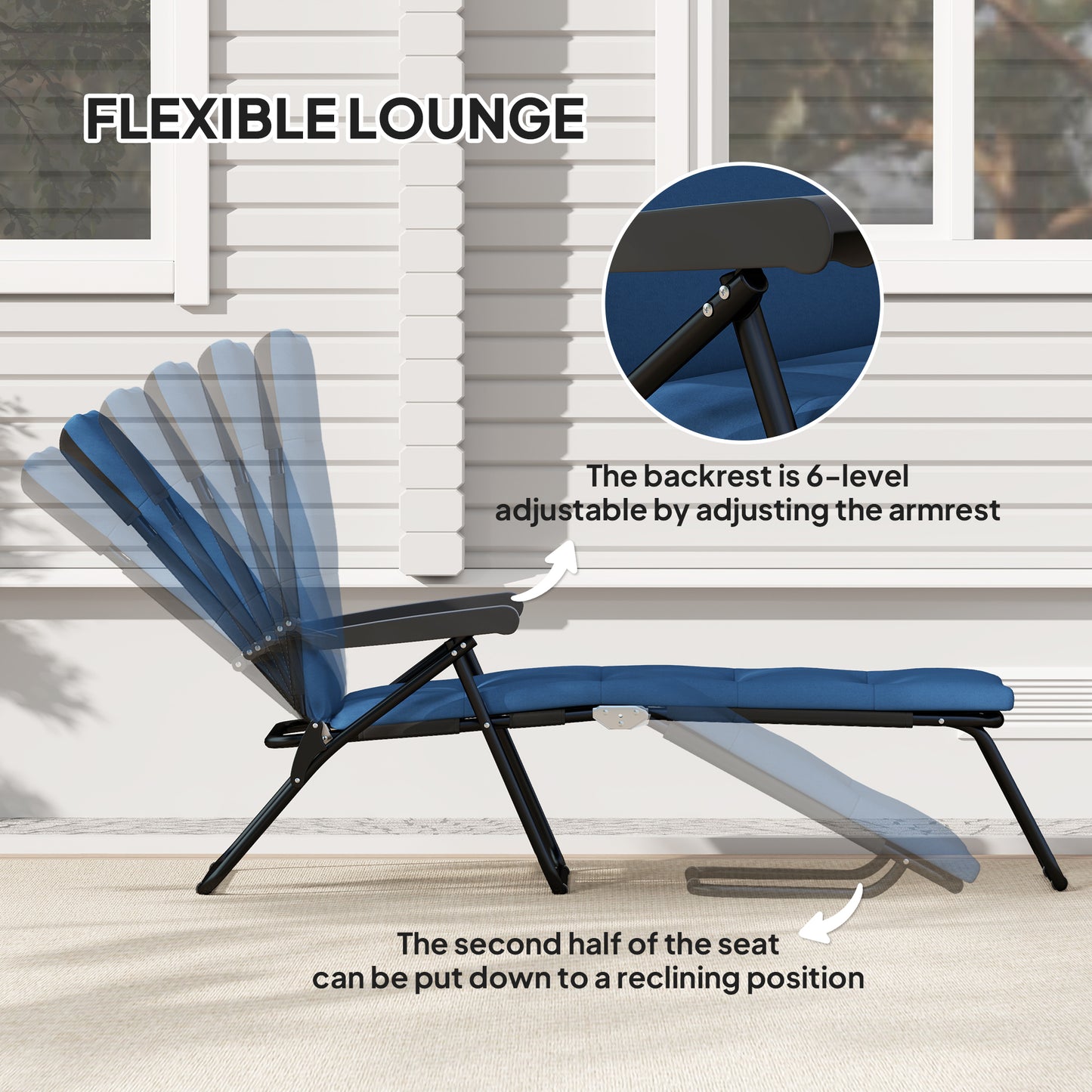 Foldable Lounge Chair, Reclining Patio Sun Lounger with 6-Position Adjustable Back, Blue