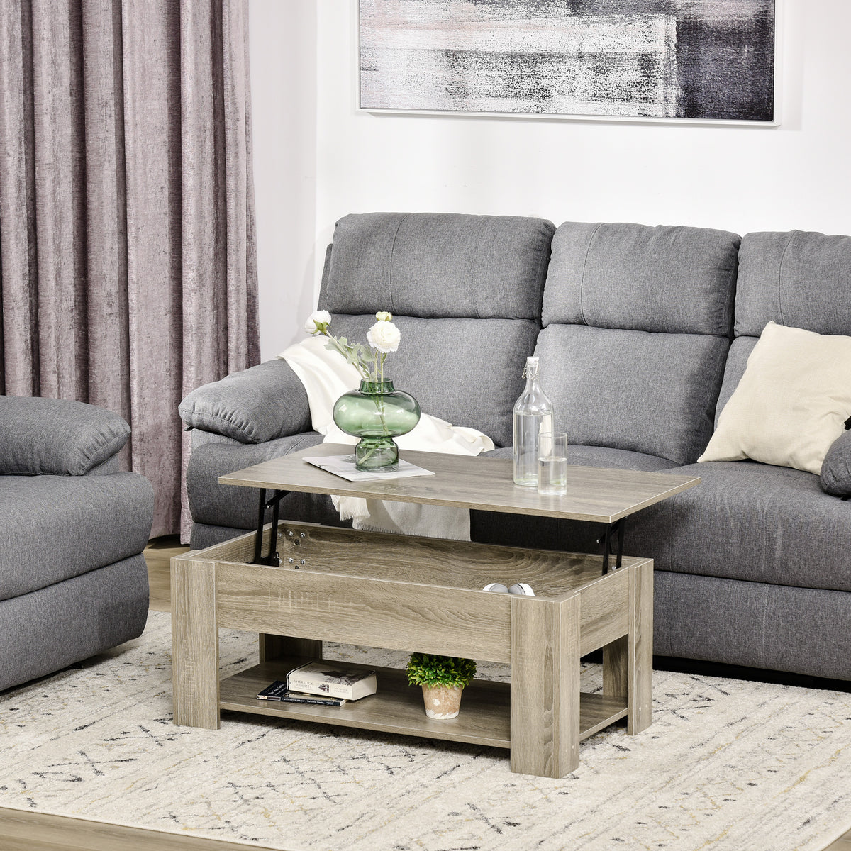 Lift Top Coffee Table with Hidden Storage Compartment and Open Shelf, Center Table for Living Room, Grey