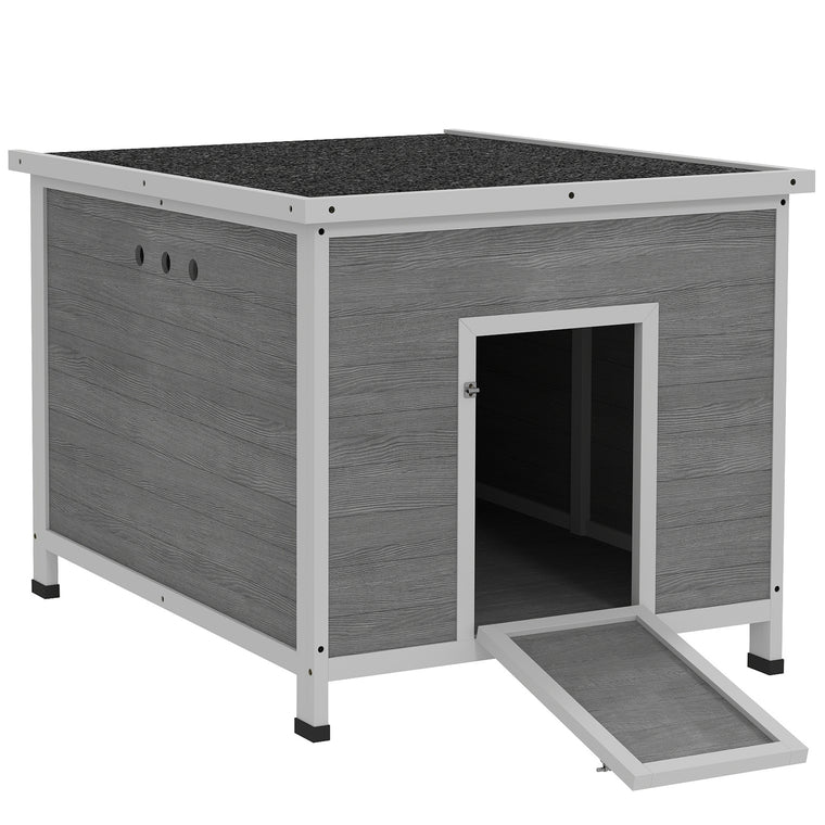 Grey Wooden Duck Coop with Openable Roof & Double Doors