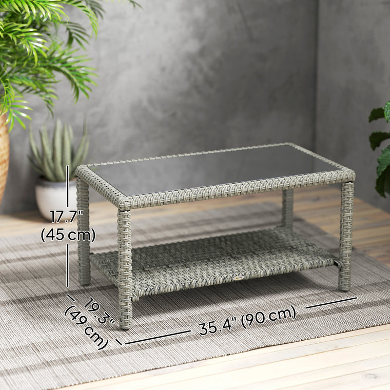 35" Wicker Coffee Table with Glass Top and Storage Shelf