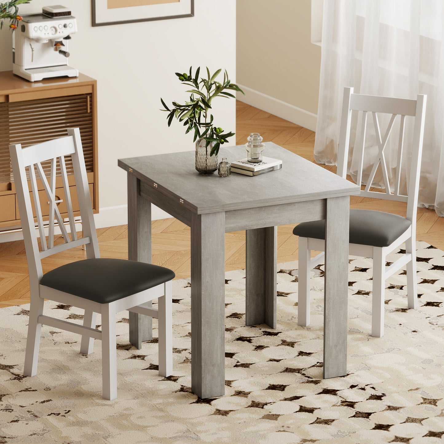 55" Extendable Dining Table for 4-6, Kitchen Table with Steel Slides and Felt Pads for Small Spaces, Grey