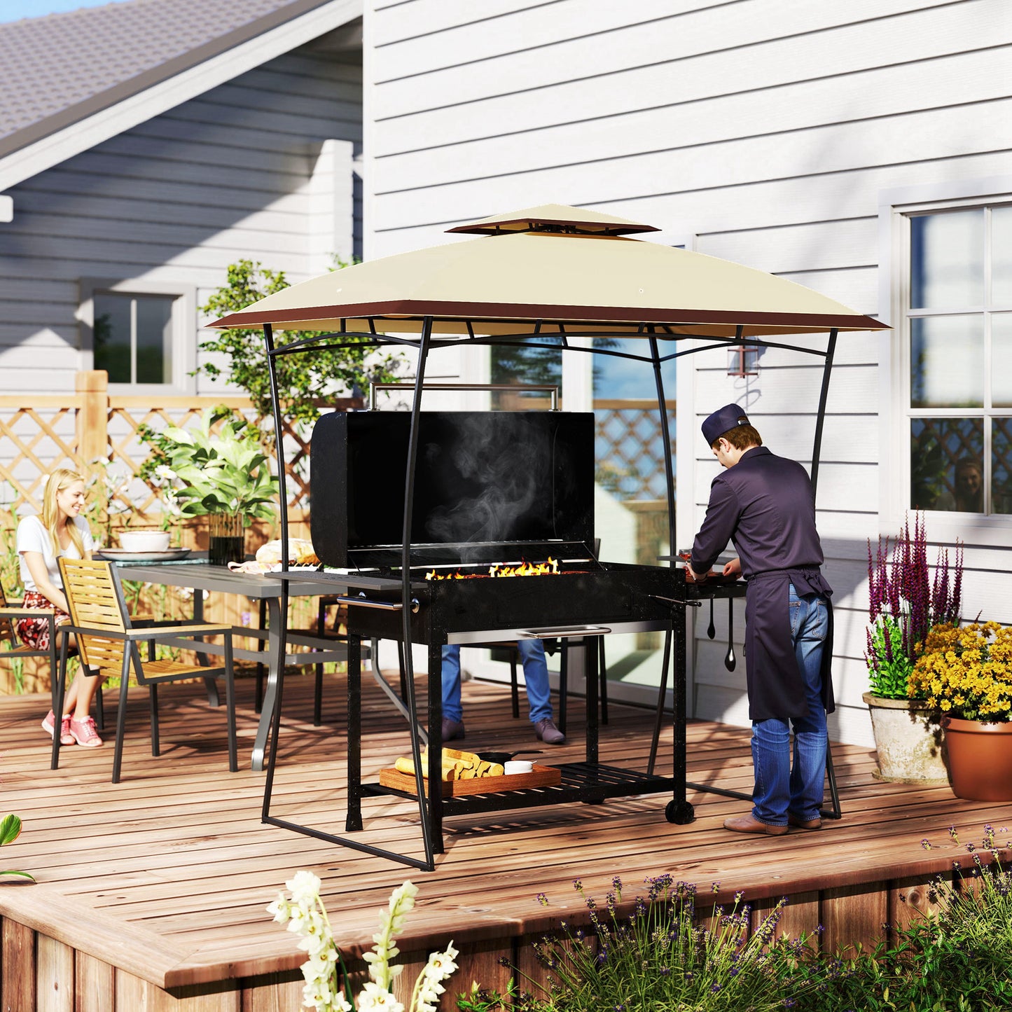 8' x 5' Outdoor Grill Gazebo, Double Tiered Barbecue Grill Gazebo Shelter with 2 Side Shelves and Hook, Beige