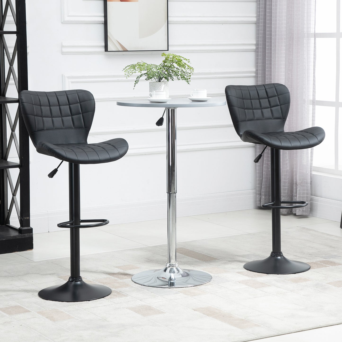 Bar Stools Set of 2, Adjustable Height Swivel Bar Chairs, PU Leather Upholstered Kitchen Counter Stools with Wide Seat, Back and Footrest, Black