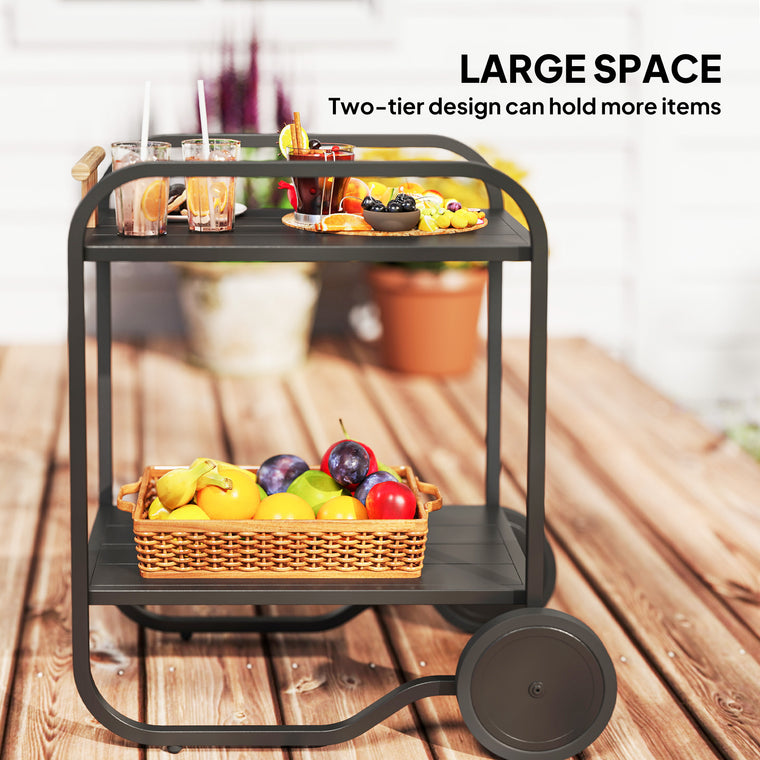 Black 2-Tier Grill Bar Cart with Storage & Side Handle