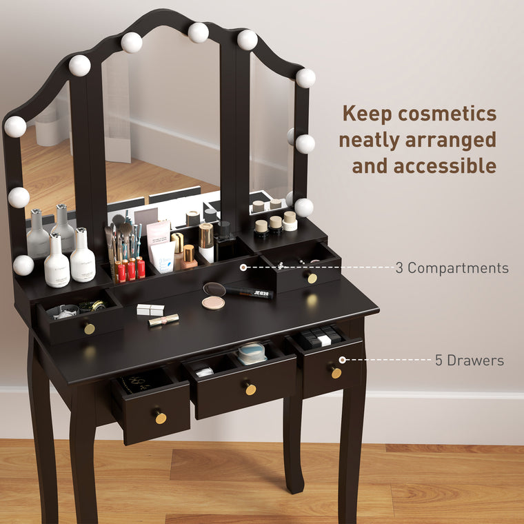 Makeup Vanity Desk with LED Mirror & Stool - Black