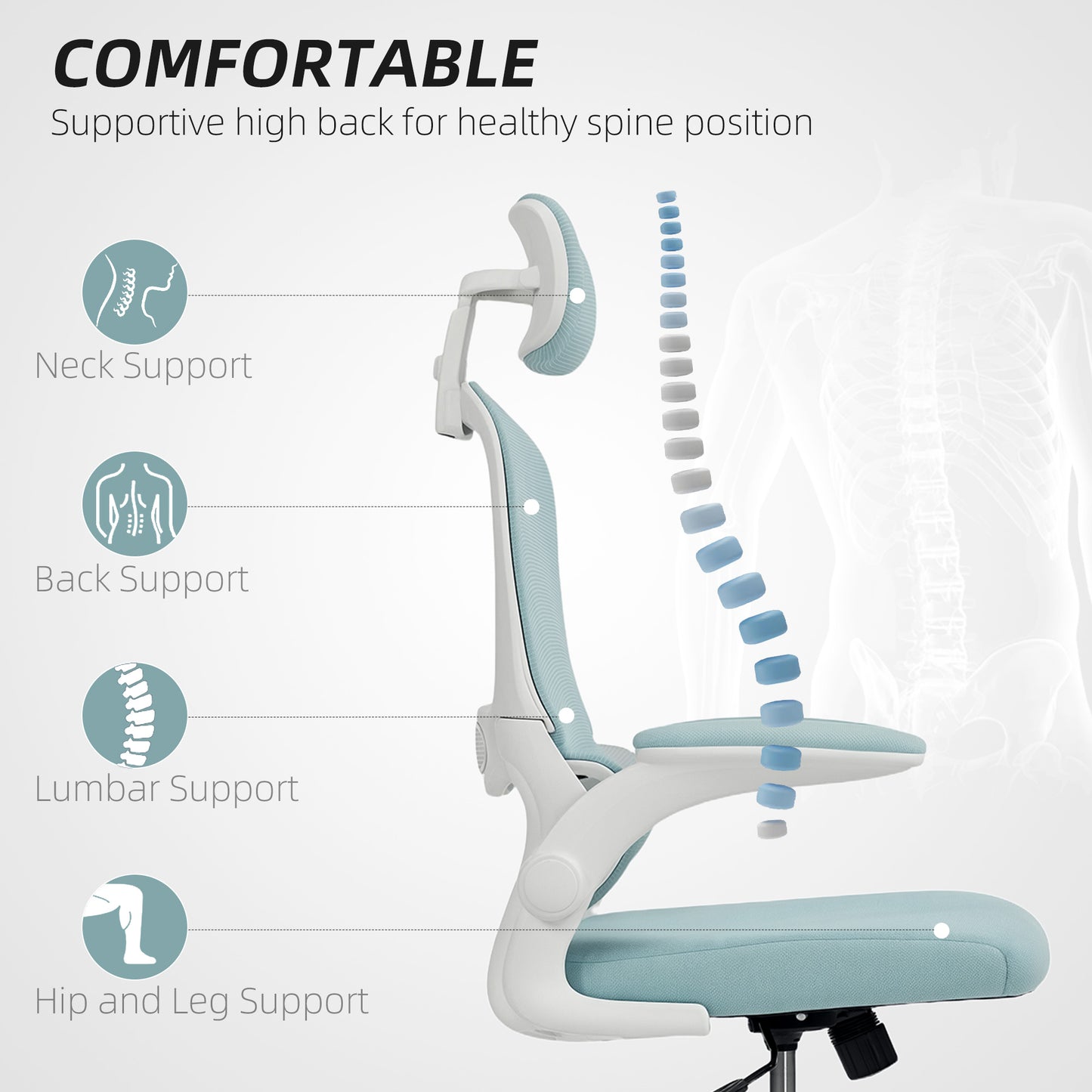 Ergonomic Mesh Office Chair, High Back Desk Chair with Rotatable Headrest, Flip-Up Armrests, Lumbar Support, Light Green