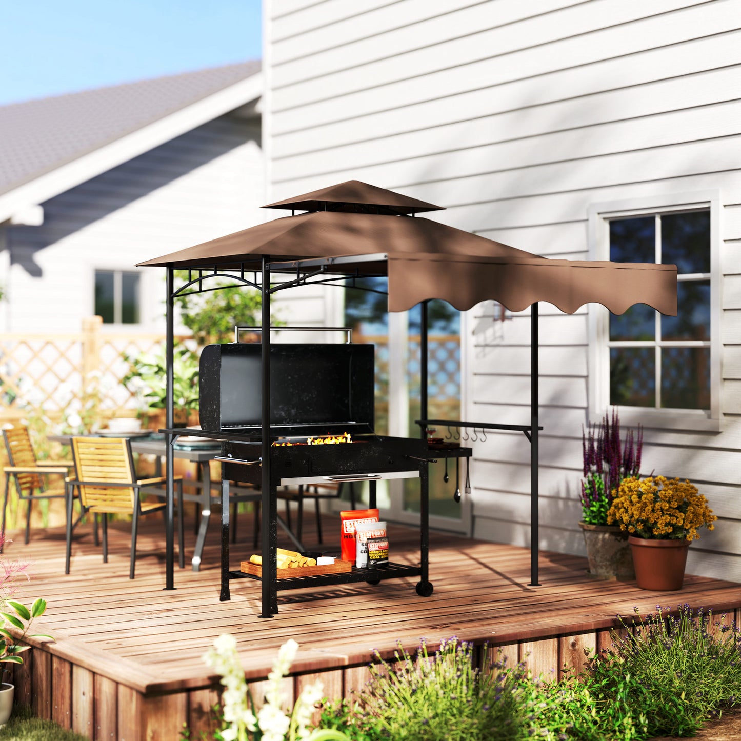 8' x 7.6' Grill Gazebo, Double Tiered Barbecue Grill Gazebo Shelter w/ Side Awning, 2 Side Shelves, 6 Hooks, Brown