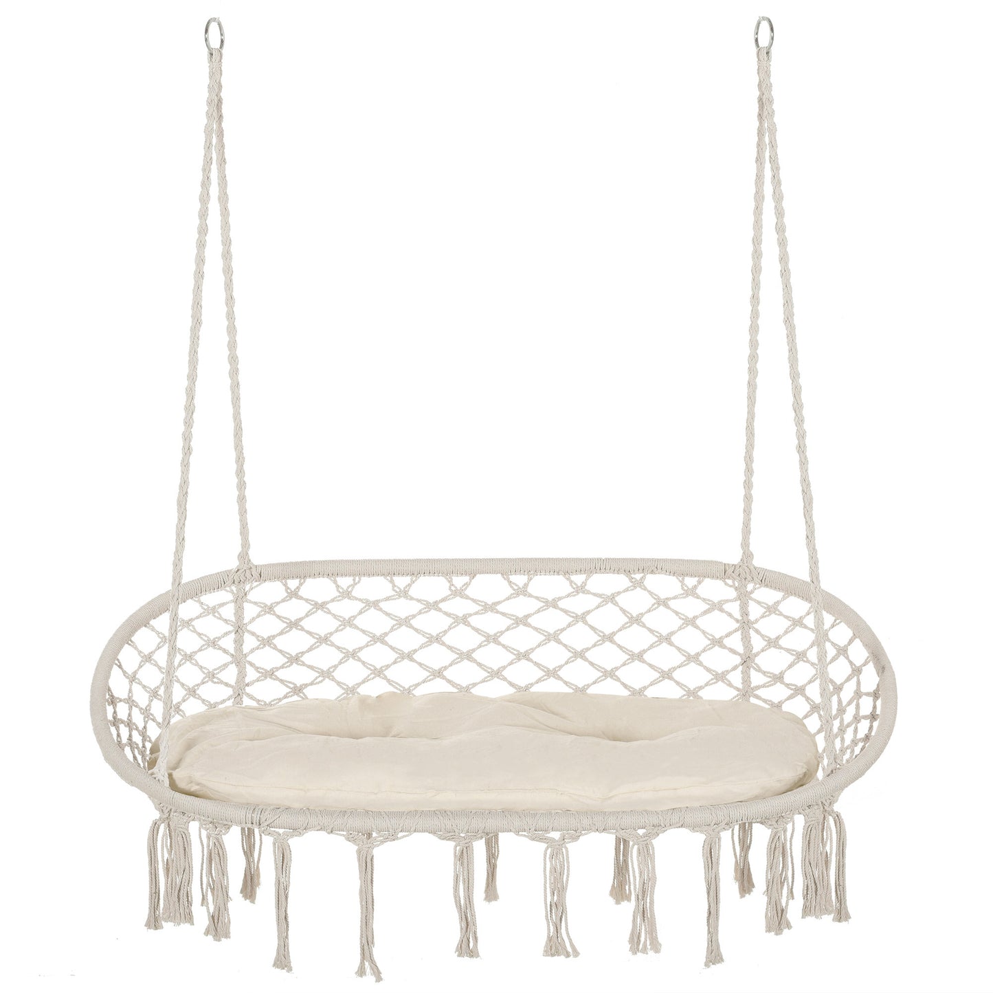 Patio Hammock Chair 2 Seat, Hanging Rope Hammock Swing Chair with Metal Frame and Cushion, Large Macrame Seat for Indoor and Outdoor 396 lbs Capacity, Cream White