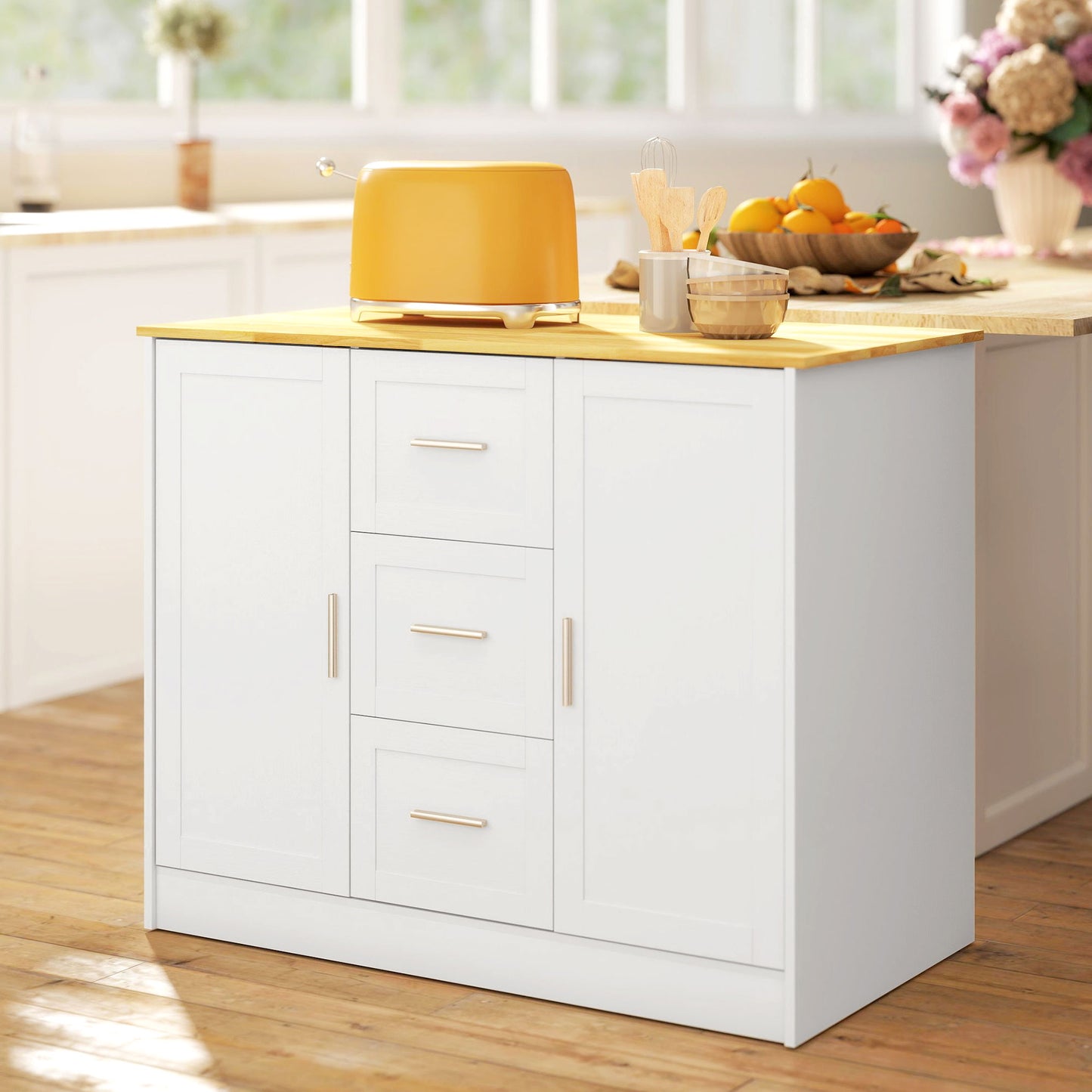 Kitchen Island with Storage Cabinets, Spacious Countertop 3 Drawers, 2 Adjustable Shelves and Sitting Space for Dining Room, White