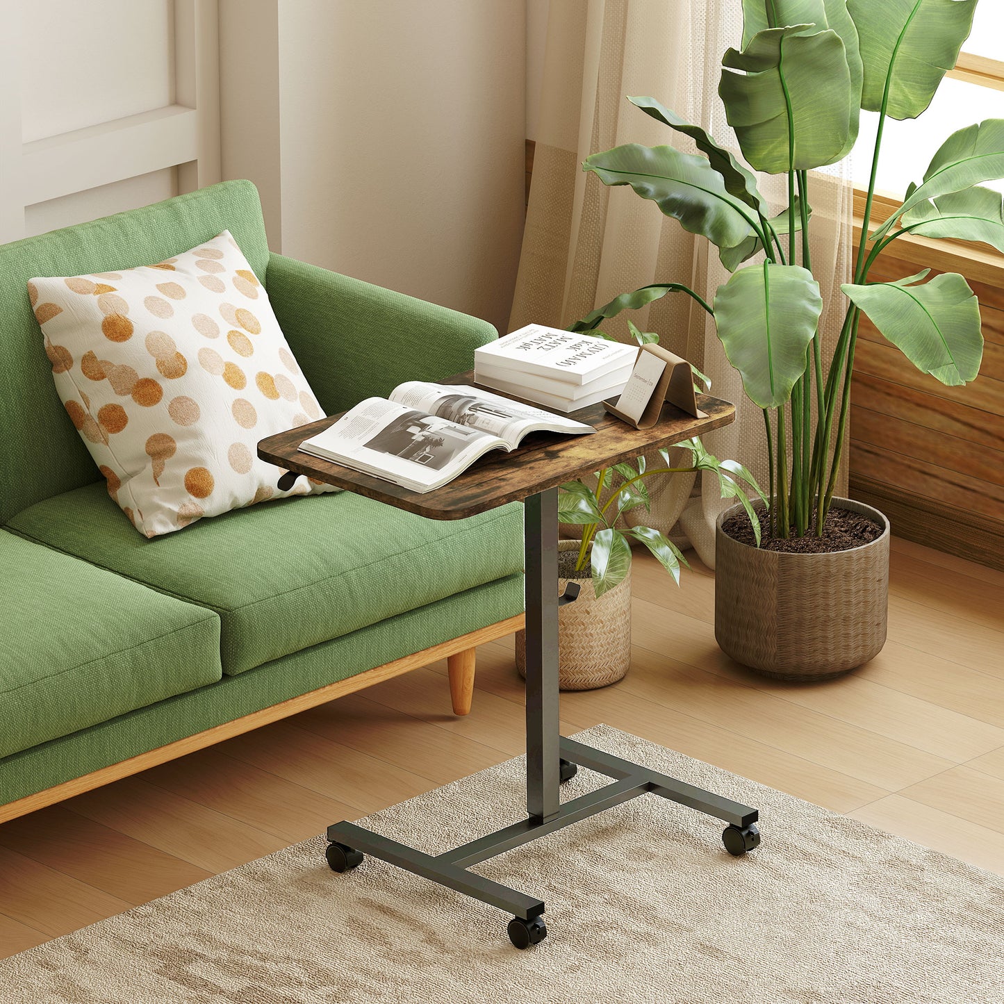 Height Adjustable Standing Desk, Pneumatic Sit Stand Desk with Wheels and Headphone Hook, Rustic Brown