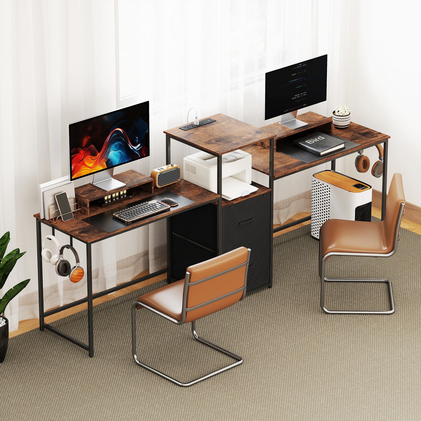 96 Inch Gaming Desk, Dual Computer Desk for 2 Person with Power Outlets and Monitor Stands, Rustic Brown