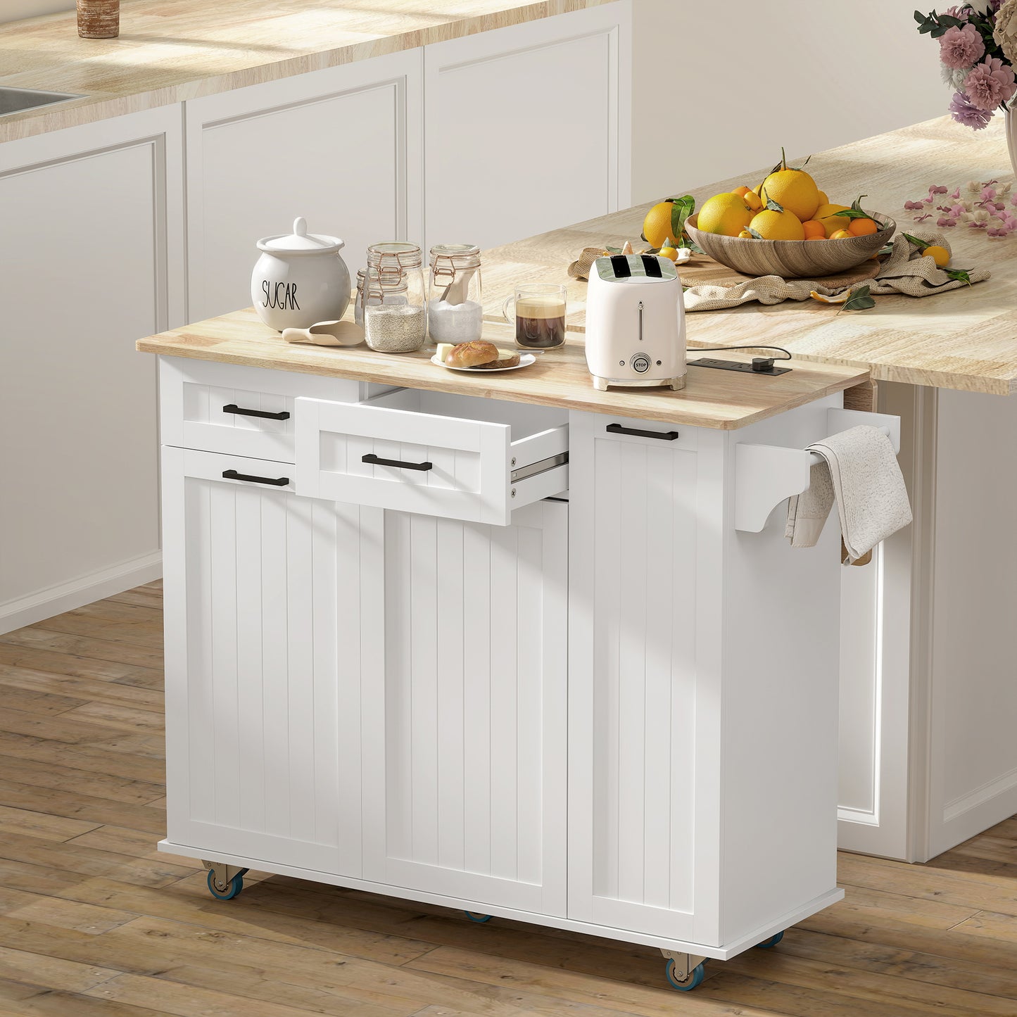 Kitchen Island on Wheels with Wood Drop Leaf, Charging Station, Rolling Kitchen Cart with Adjustable Shelf, White