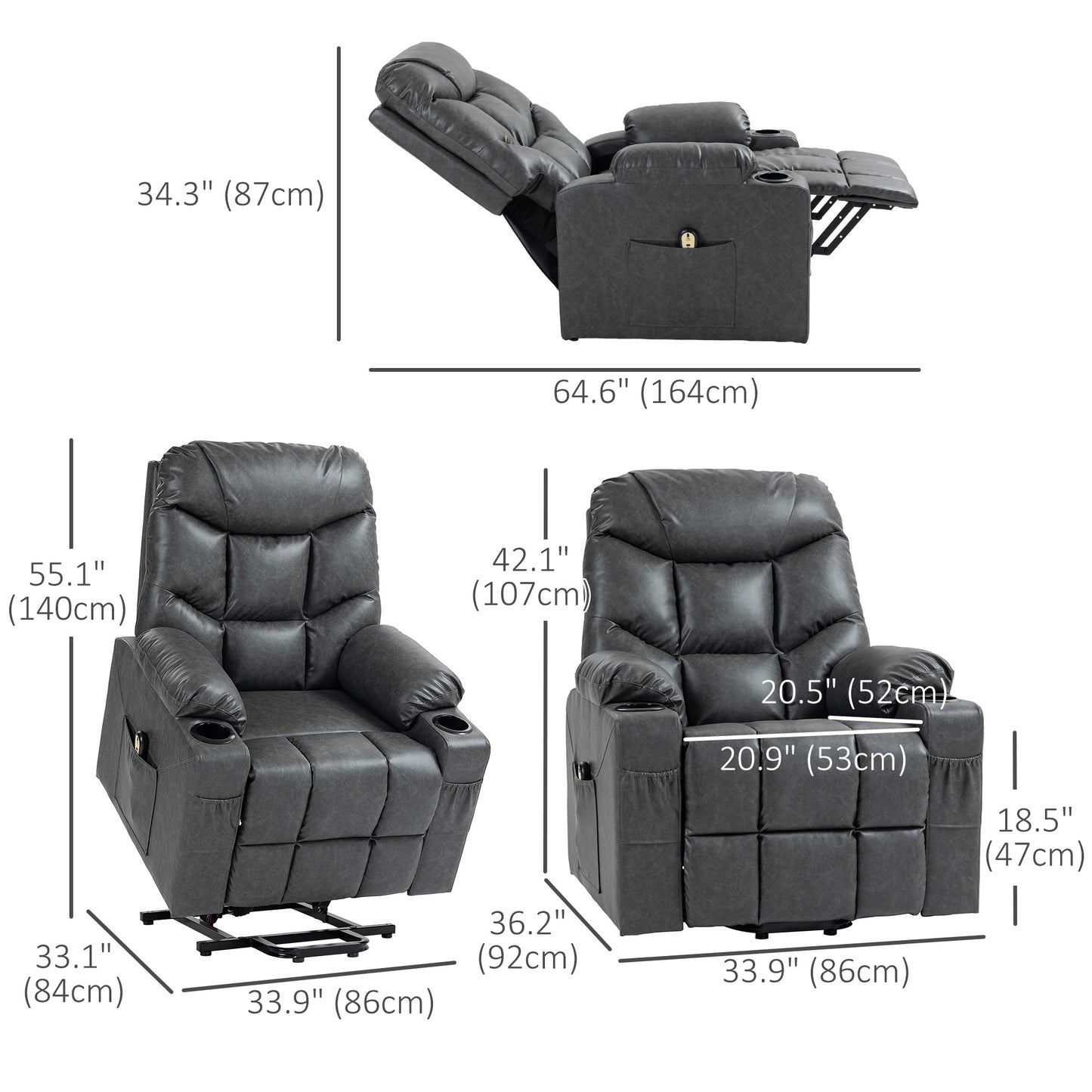 Lift Chair for Elderly, PU Leather Electric Recliner Chair with Quick Assembly, Remote, Cup Holders, Side Pockets, Grey