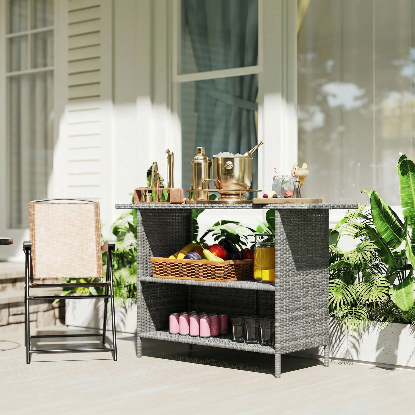 Wicker Outdoor Bar Table, PE Rattan Bar Height Patio Table with 2 Shelves, Steel Frame for Garden, Backyard, Dark Grey