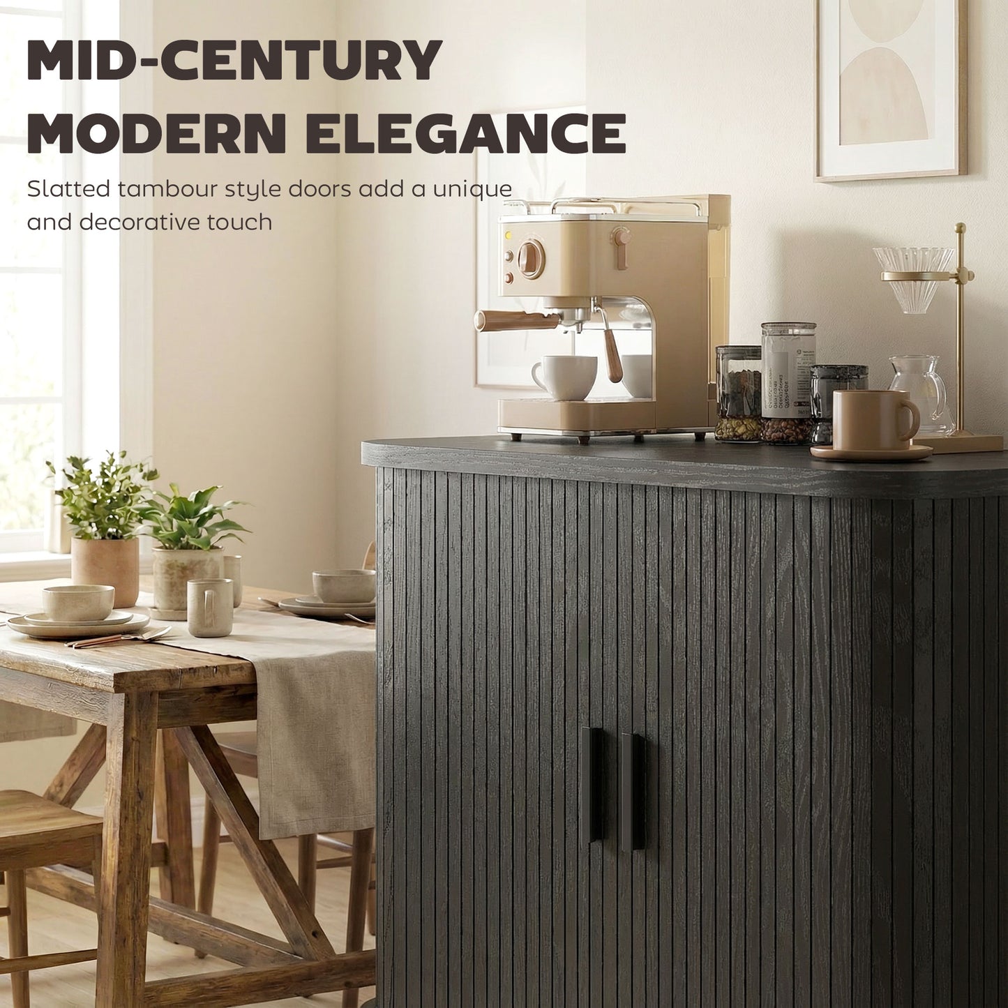 35.4" Sideboard Buffet Cabinet with Storage, Nordic Coffee Bar Cabinet with Slatted Tambour Doors and Metal Legs, Black
