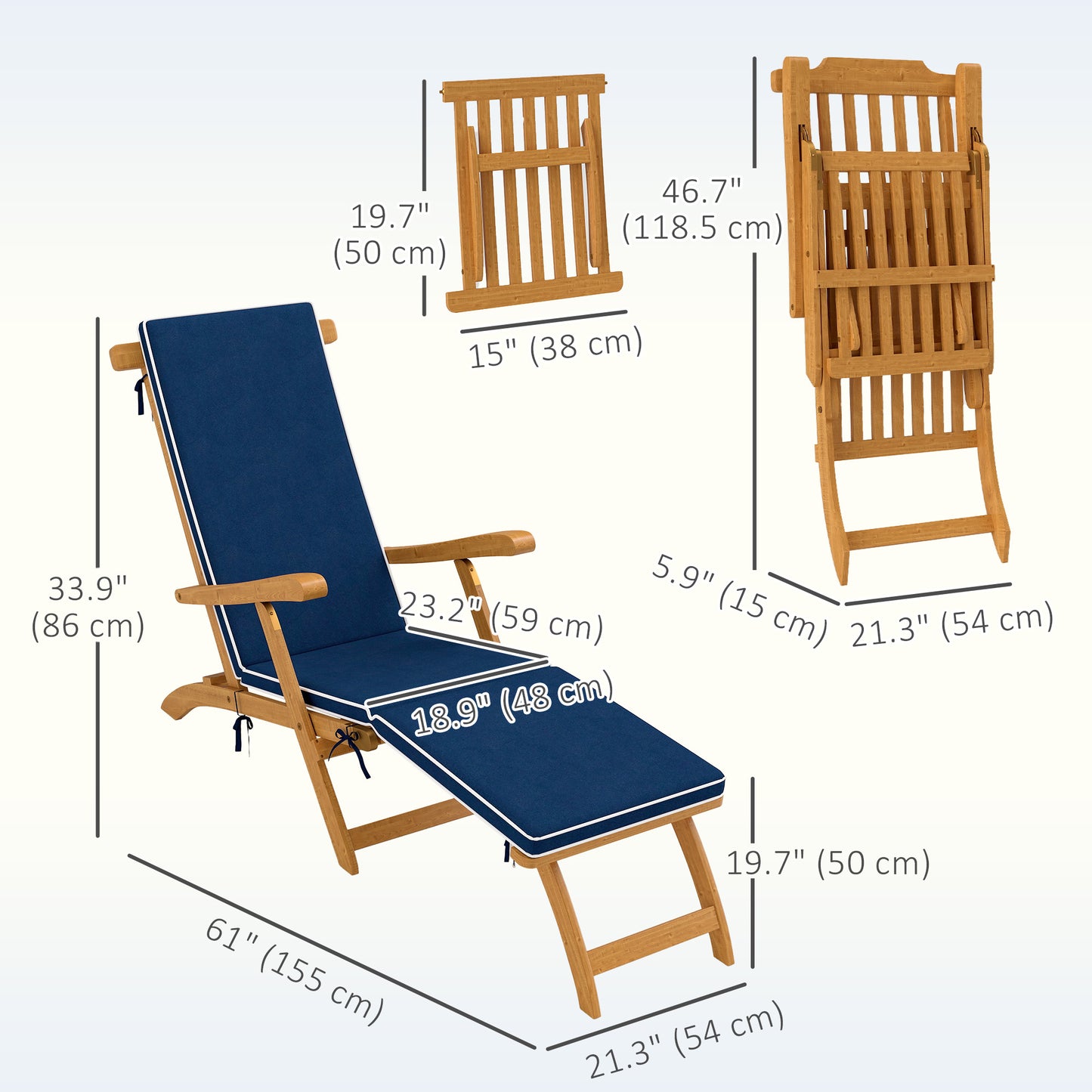 Folding Patio Lounge Chair with Padded Cushion, Acacia Wood Patio Lounger Recliner with Footrest for Garden, White