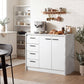 Kitchen Island with Storage Cabinet, 4 Drawers and Adjustable Shelf for Dining Room, Faux Marble Effect and White