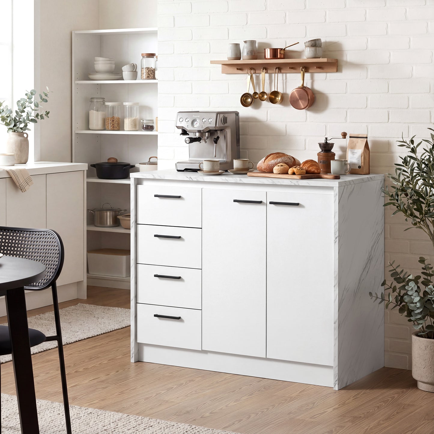 Kitchen Island with Storage Cabinet, 4 Drawers and Adjustable Shelf for Dining Room, Faux Marble Effect and White
