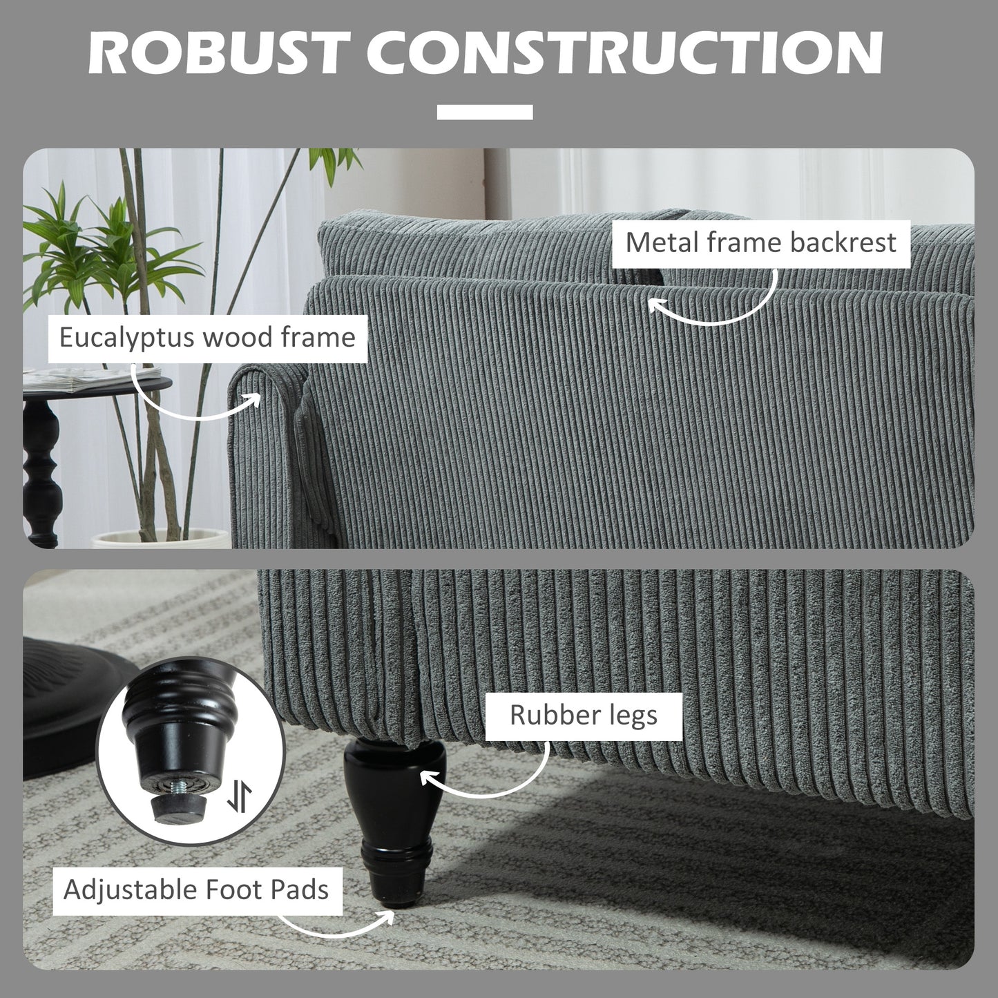 Vintage Loveseat, Upholstered Love Seat Furniture, Fabric 2 Seater Sofa with Rolled Arms, Rubber Wood Legs, Grey