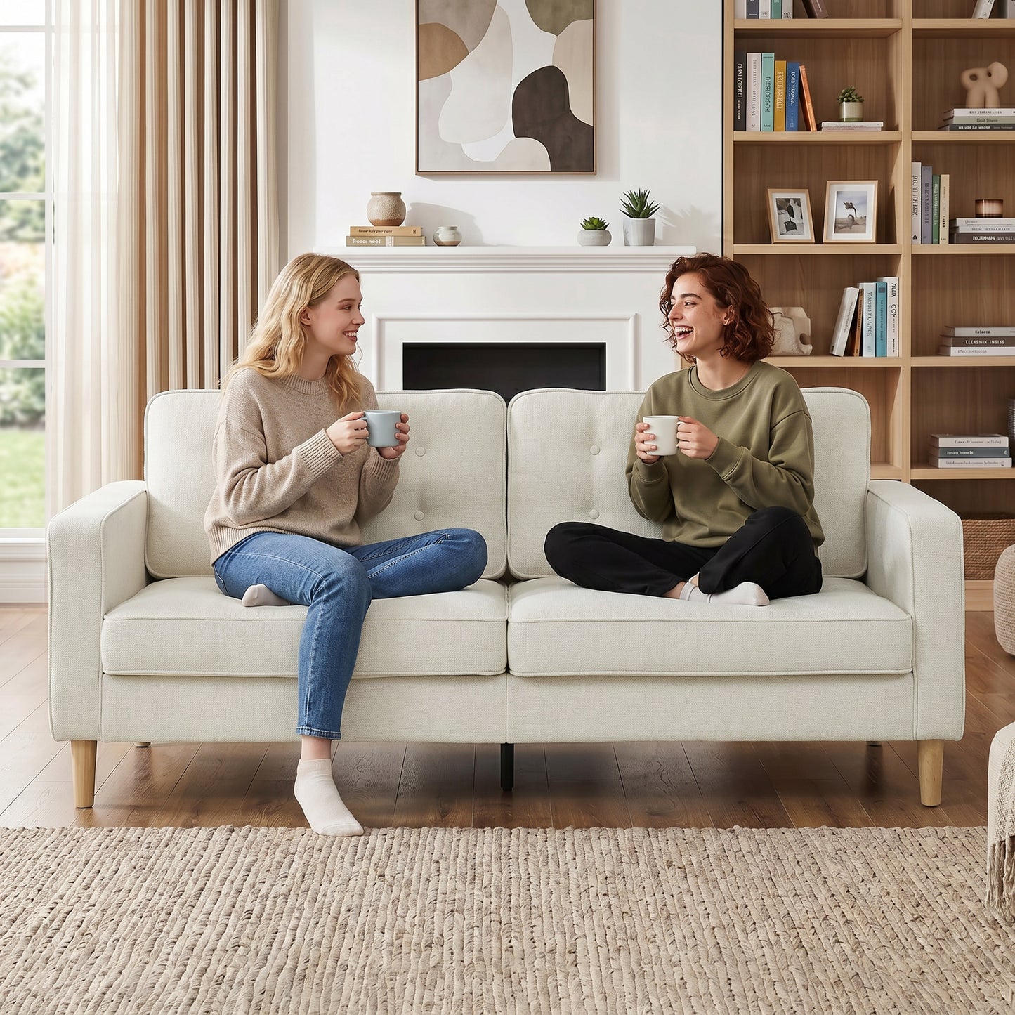 3 Seater Sofa Upholstered with Padded Cushion Modern Button Tufted Couch with Wood Legs, Cream White