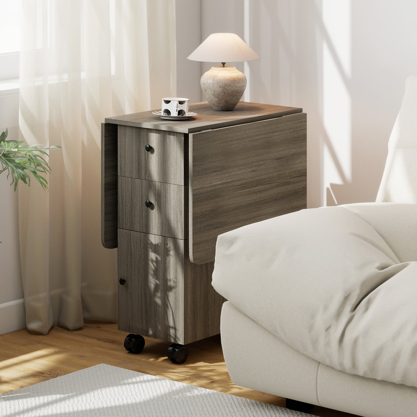 Foldable Dining Table, Rolling Kitchen Table with Storage Drawers and Cabinet, Drop Leaf Table on Wheels, Grey