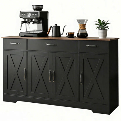 55" Farmhouse Sideboard Buffet Cabinet with 4 Barn Doors - Black