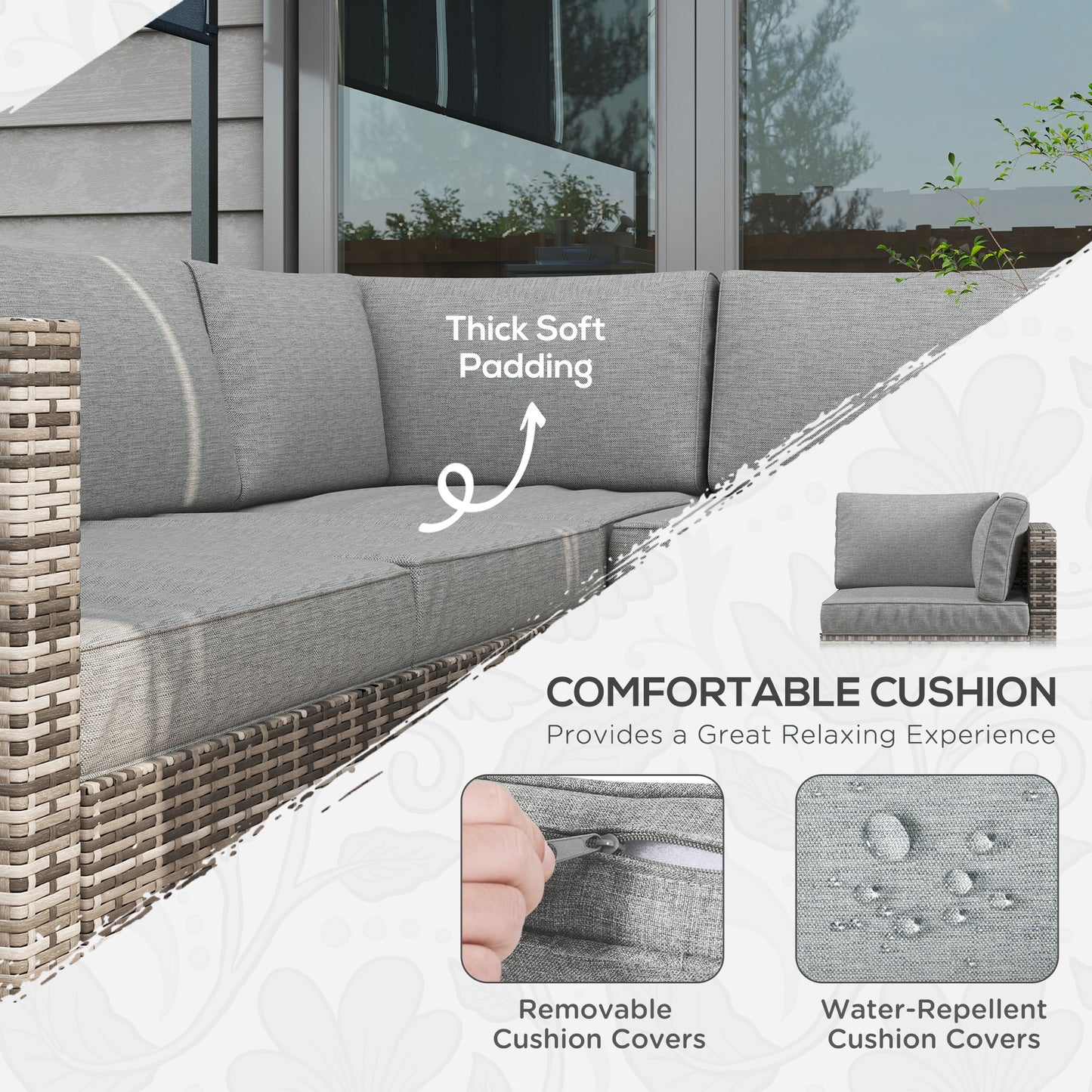 4 Pieces Rattan Wicker Outdoor Conversation Furniture Set w/ Corner Sofa Loveseats Coffee Table Cushions, Grey
