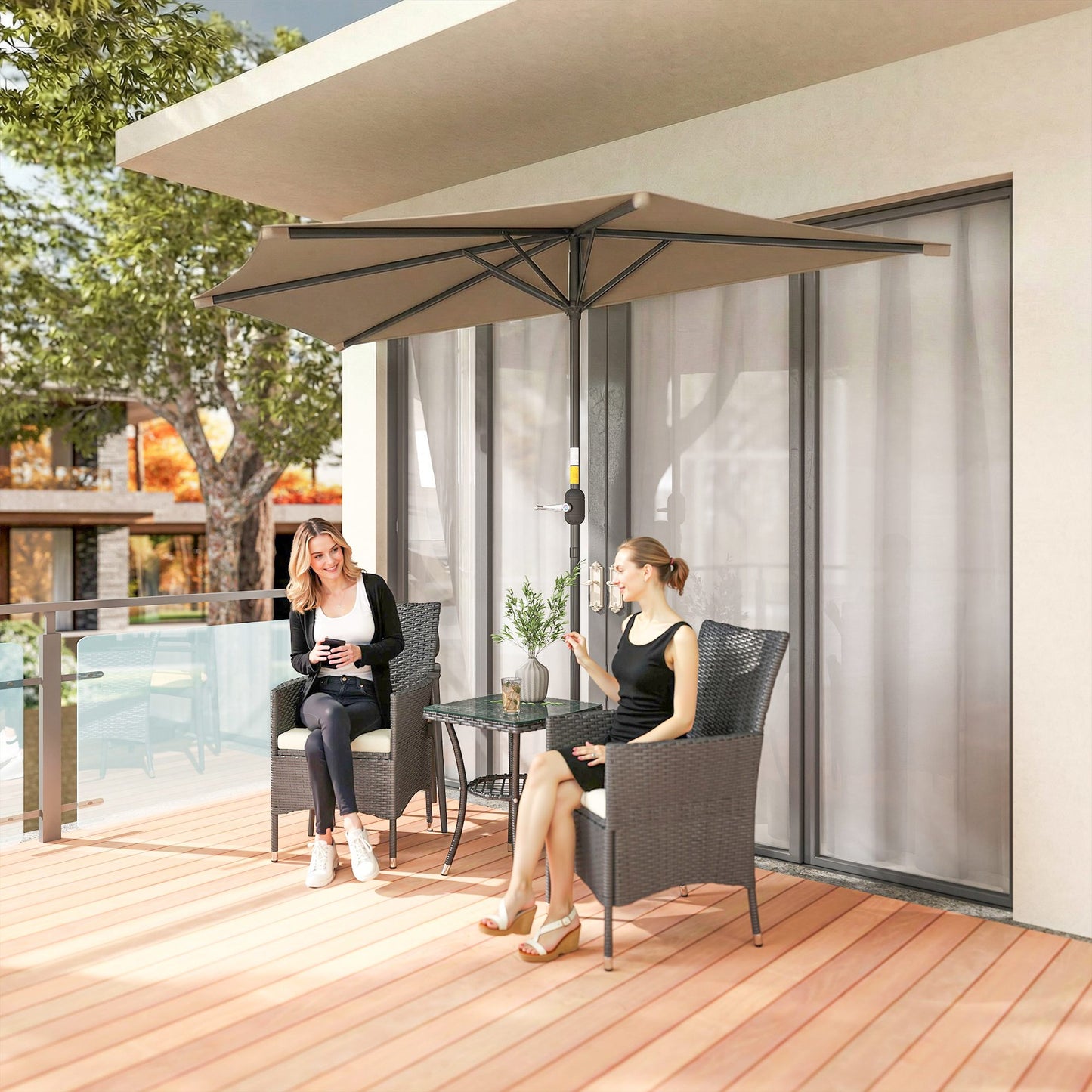 9.8ft Half Umbrella Semi Round Patio Parasol with Crank Handle, Top Vent for Garden, Balcony- NO BASE INCLUDED, Coffee