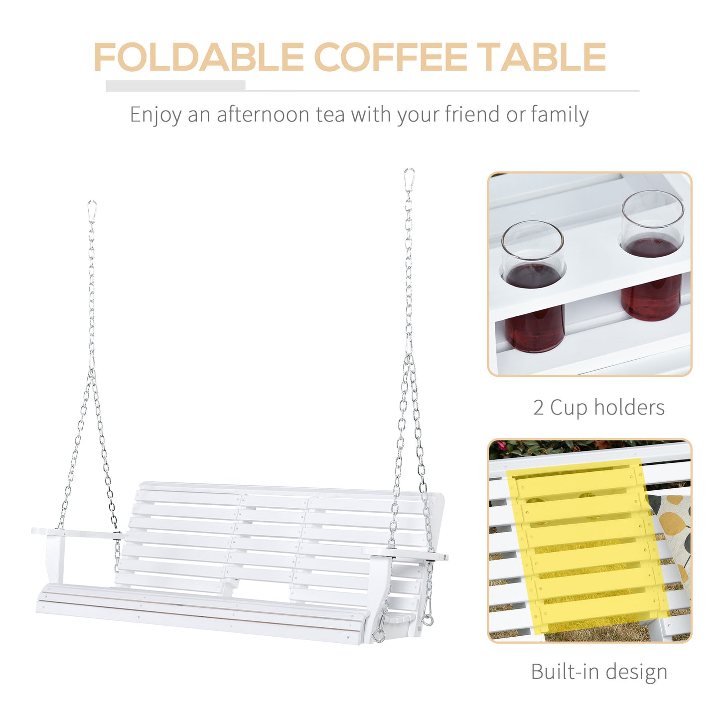 3 Seater Patio Swing Chair Wood Porch Swing with Foldable Table, Cup Holders, Steel Chains for Garden, Yard, Natural