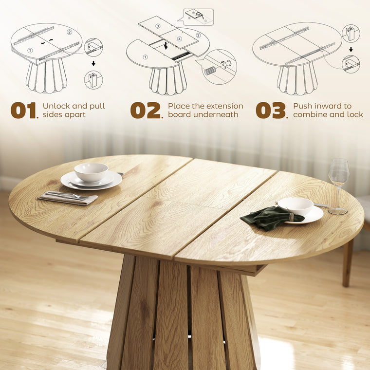 Extendable Round-to-Oval Dining Table with Shelf - Natural