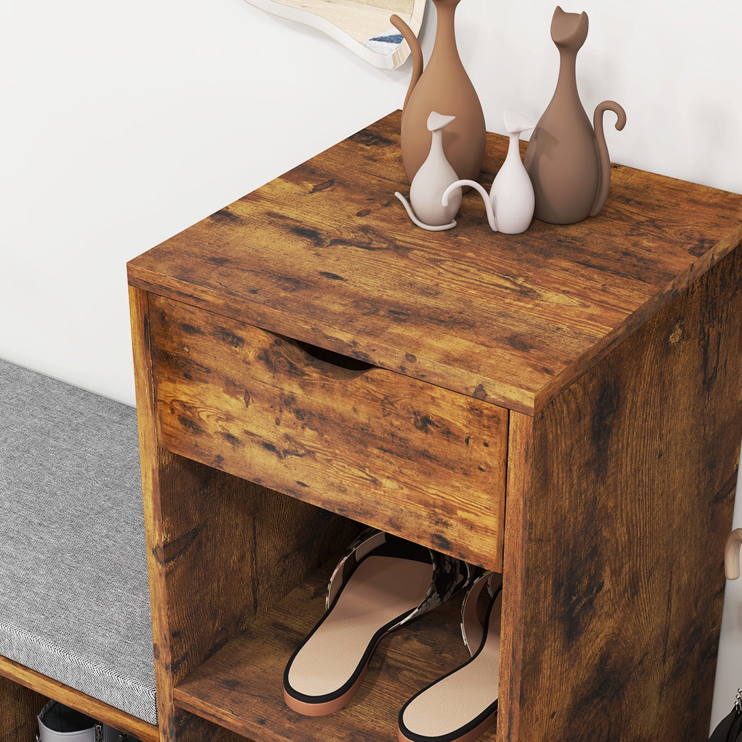 Upholstered Shoe Storage Bench w/ Seat, Entrance Bench w/ Drawer and 6 Open Shelves for Hallway, Rustic Brown