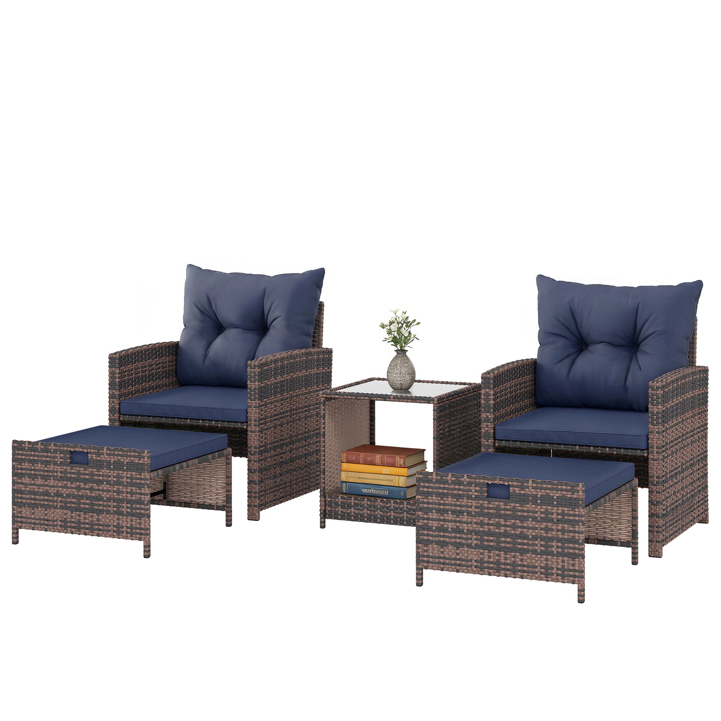5 Piece Patio Furniture Set, Wicker Patio Chairs with Ottomans, 2-Tier Glass Coffee Table and Cushions, Brown/Dark Blue
