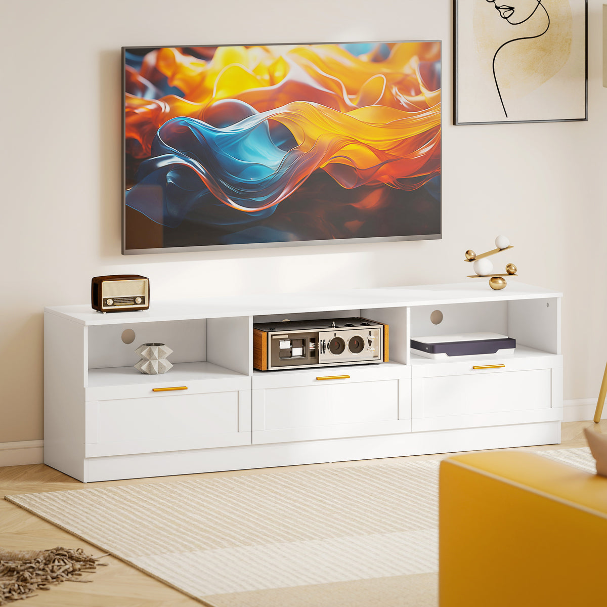 TV Stand with Storage, Modern Entertainment Center with 3 Cabinets and 3 Open Shelves, for TVs up to 85", White