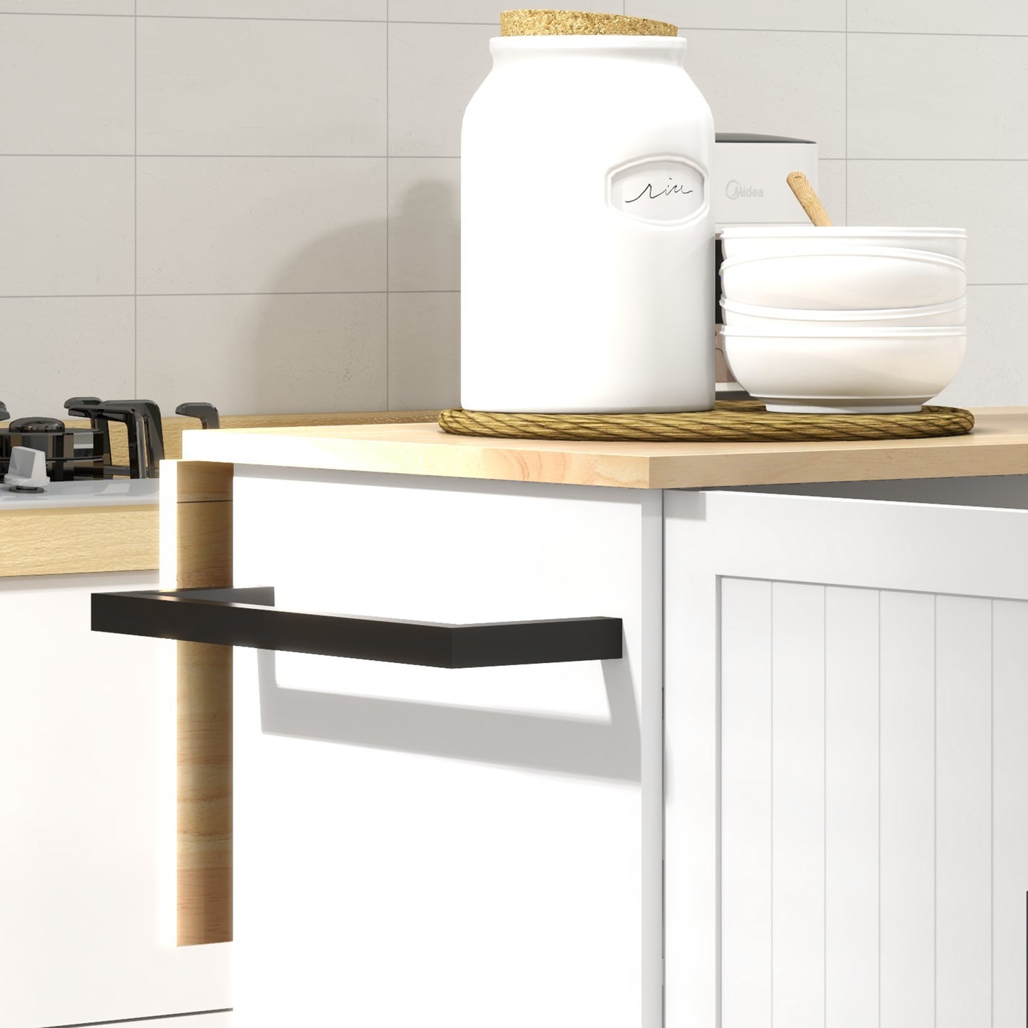 Rolling Kitchen Cart on Wheels with Drop Leaf, Kitchen Island with 3 Drawers, Solid Wood Top and Towel Rack, White