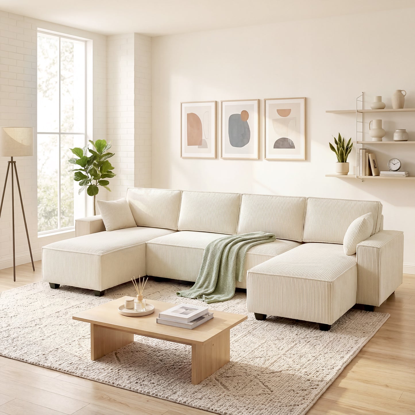 Modular U Shaped Couch, Sectional Sofa with Double Chaises and Spring Cushions, Beige