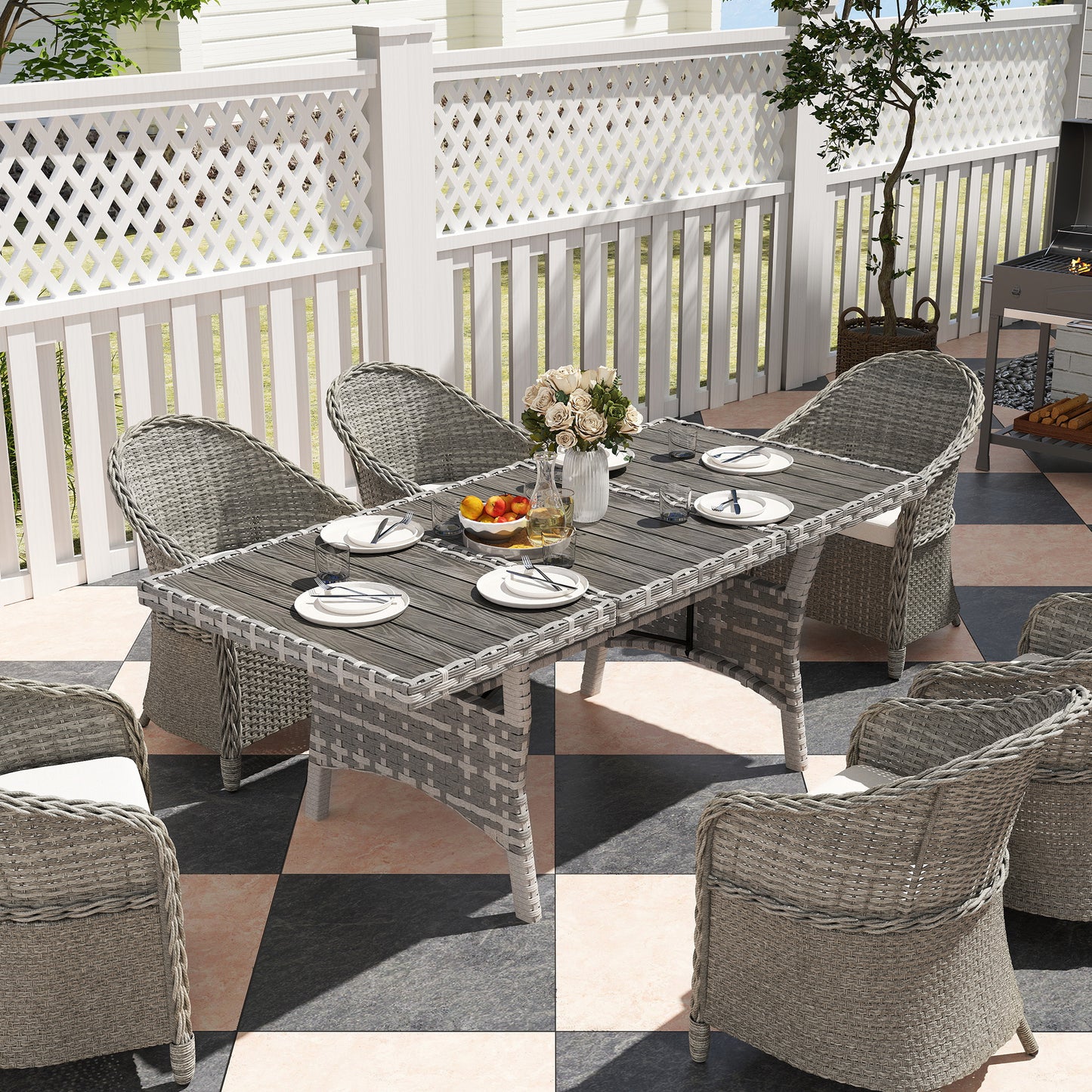 75" Outdoor Dining Table for 6-8, Wicker Patio Table with Storage Shelf and WPC Slatted Top for Balcony, Grey