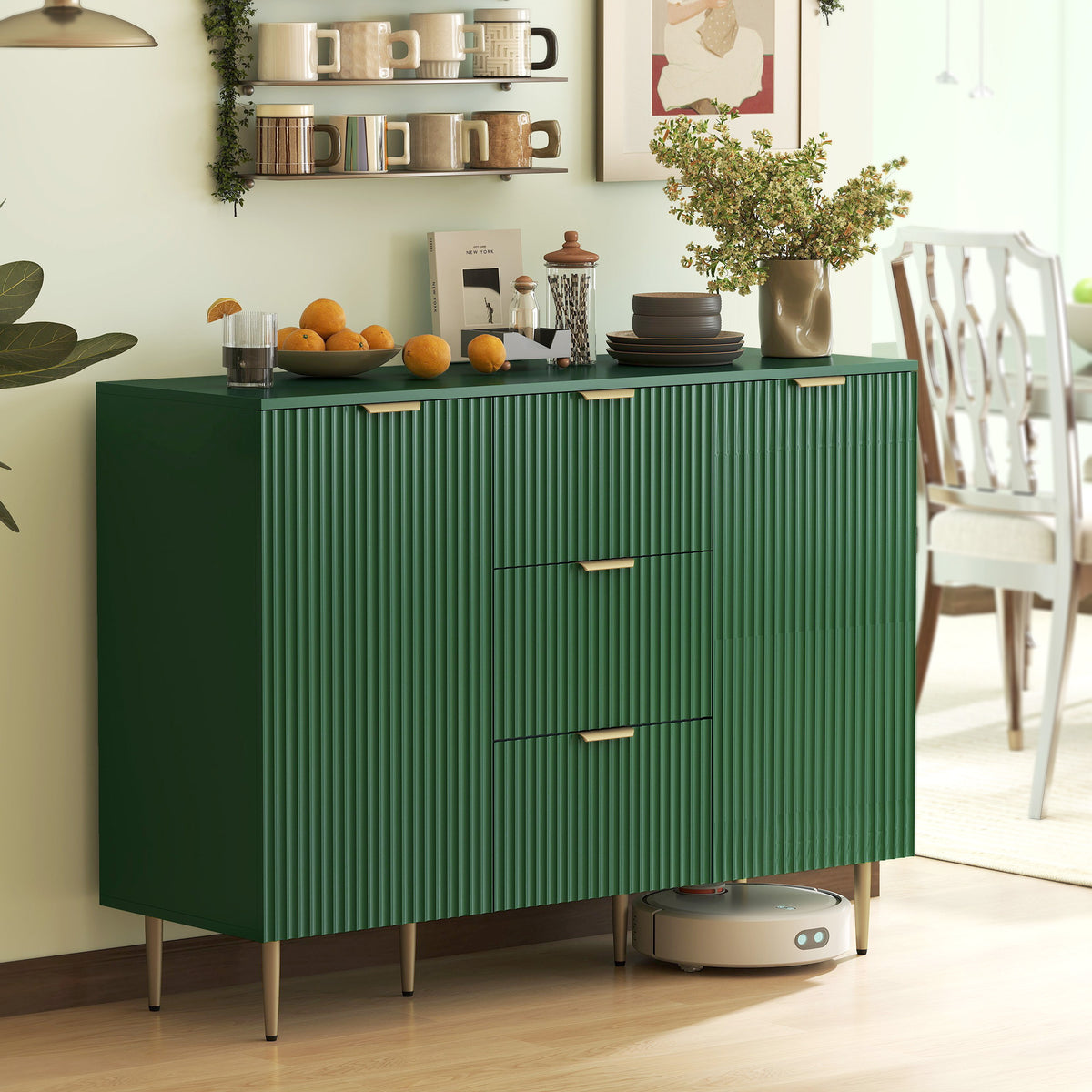 Modern Kitchen Storage Cabinet, Sideboard Buffet Cabinet w/ 3 Drawers and Adjustable Shelves for Kitchen Hallway, Green