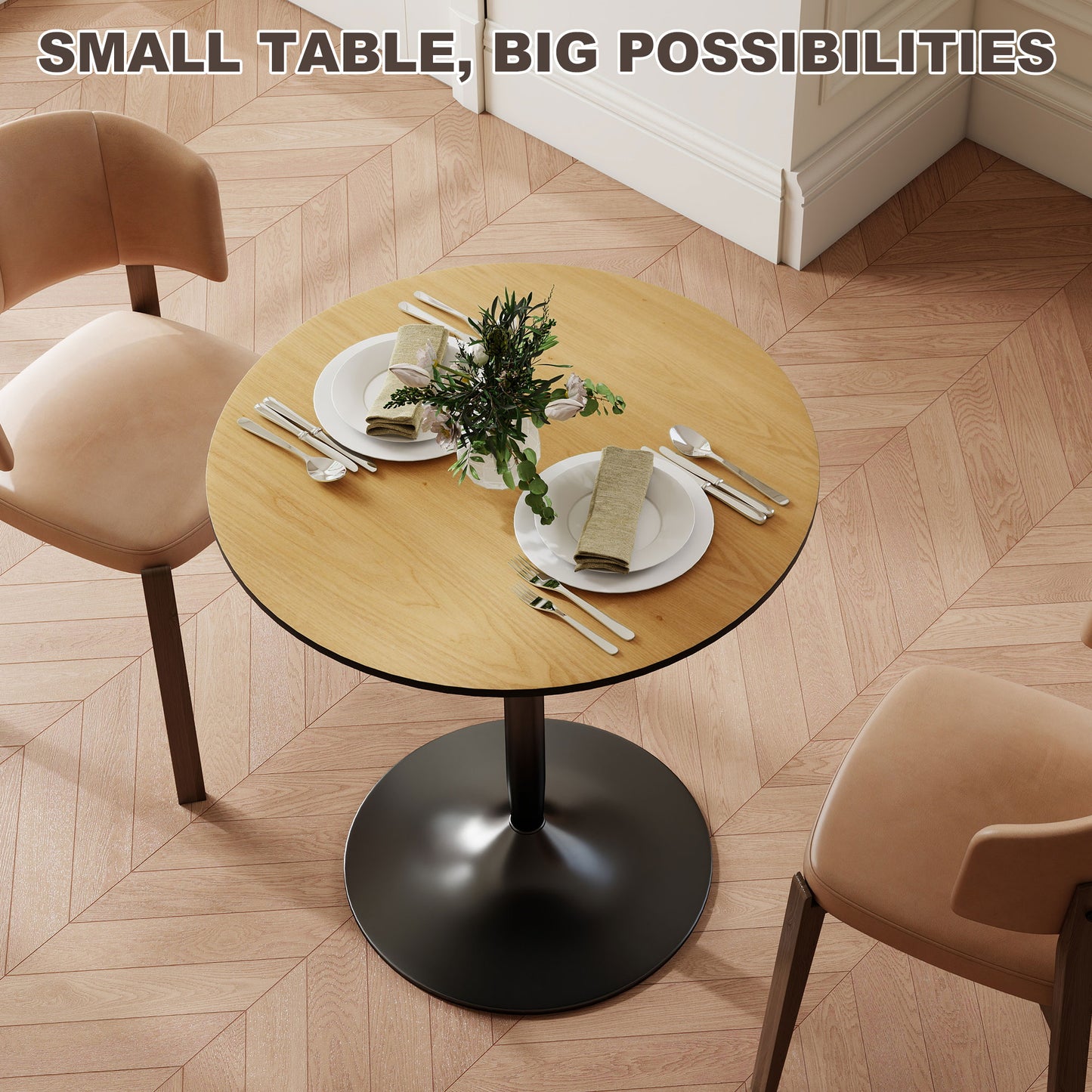 27.6" Round Kitchen Table for 2, Modern Small Dining Table with Wood Veneer, Steel Base for Dining Room, Natural