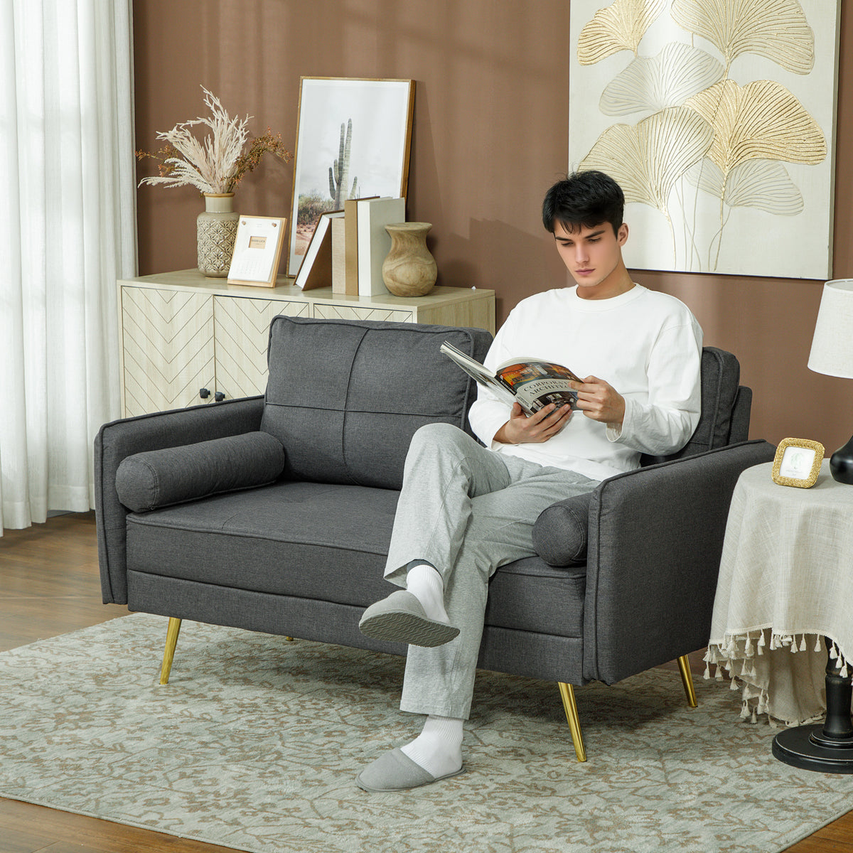 56" Loveseat Sofa for Bedroom Upholstered 2 Seater Couch with Back Cushions and Pillows, Dark Grey