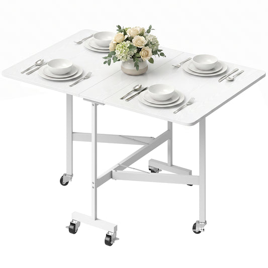 6-Seater Drop-Leaf Dining Table with Wheels - White