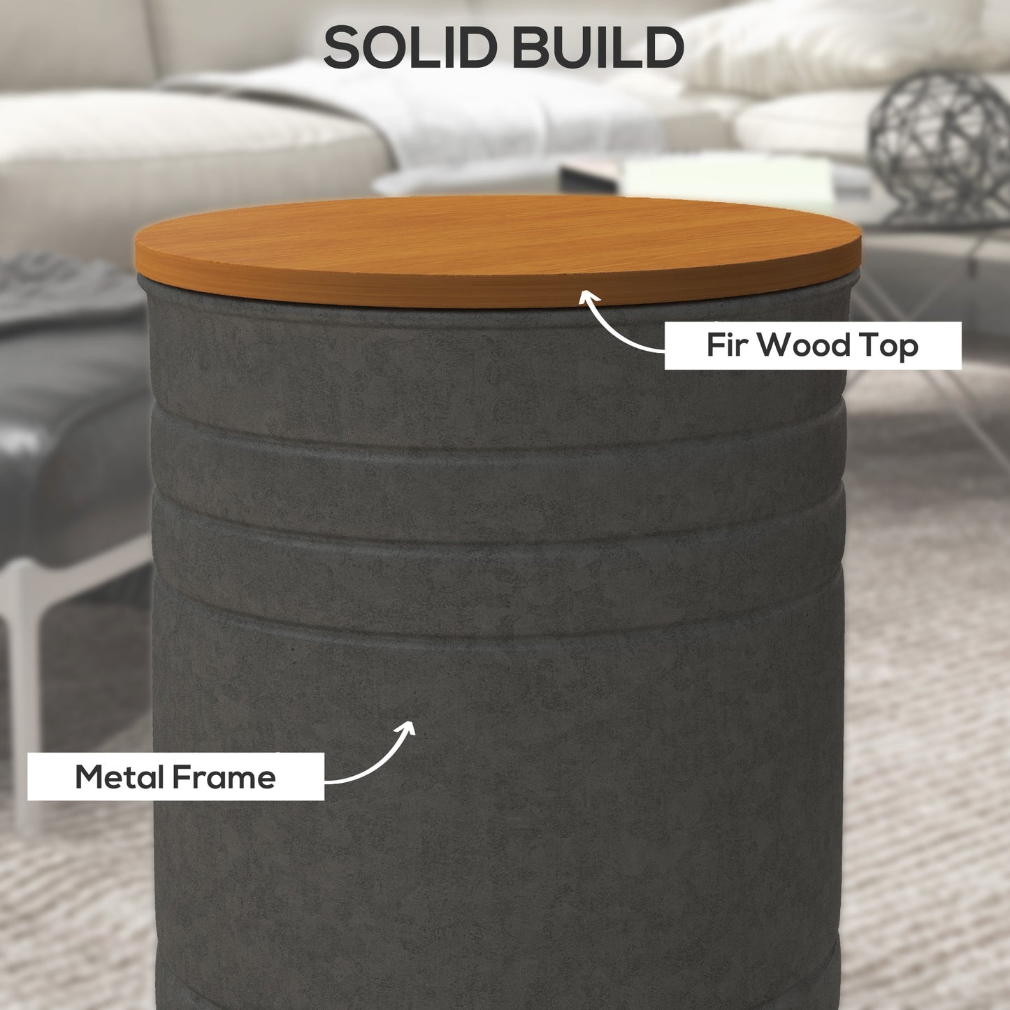 Round Side Table Set of 2, Nesting Coffee Tables w/ Wooden Lid, Galvanized Sheet Frame and Hidden Storage Space, Grey