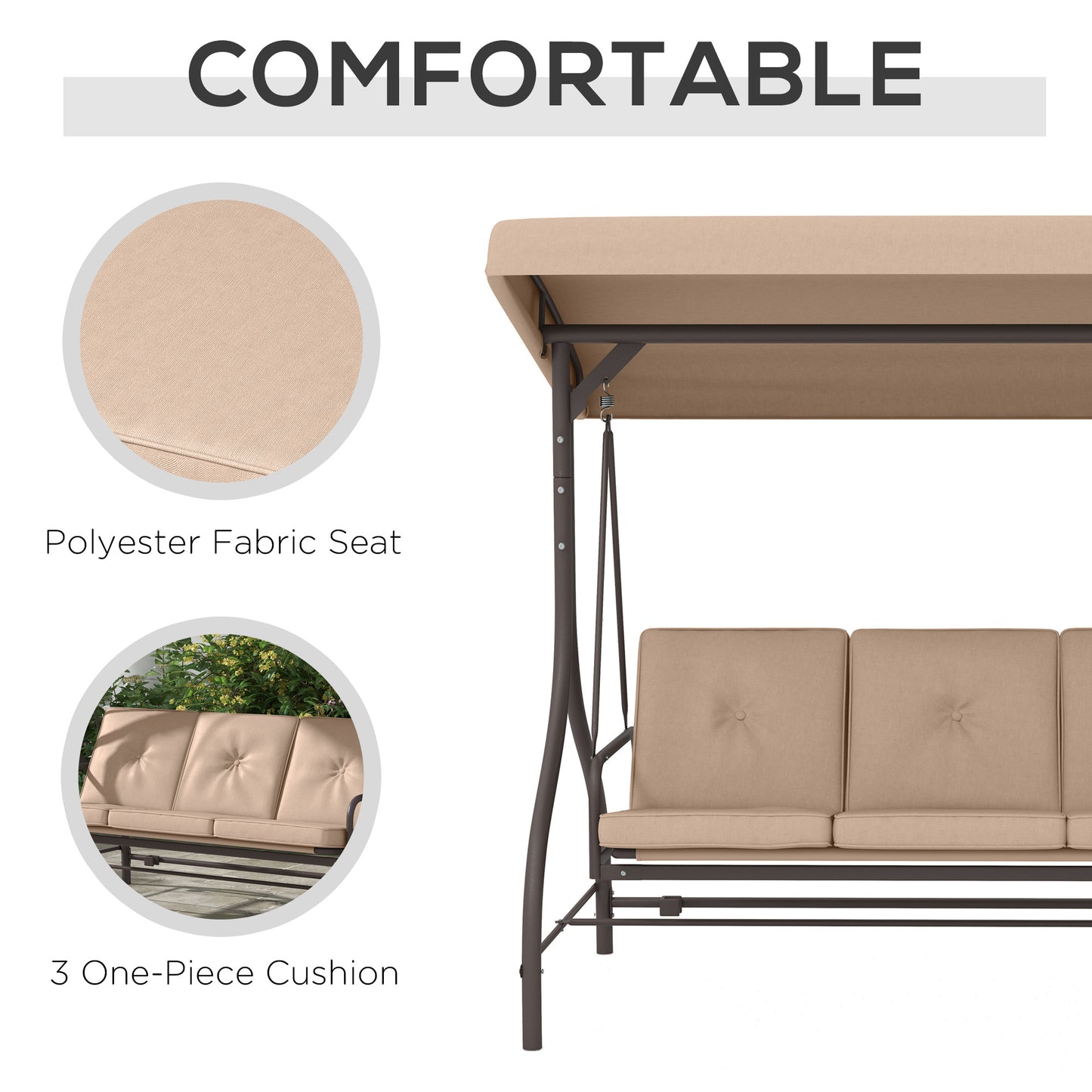 Convertible Patio Swing Bed with Canopy and Cushions, 3 Seater Porch Swing for Outdoor, Backyard, Garden, Black