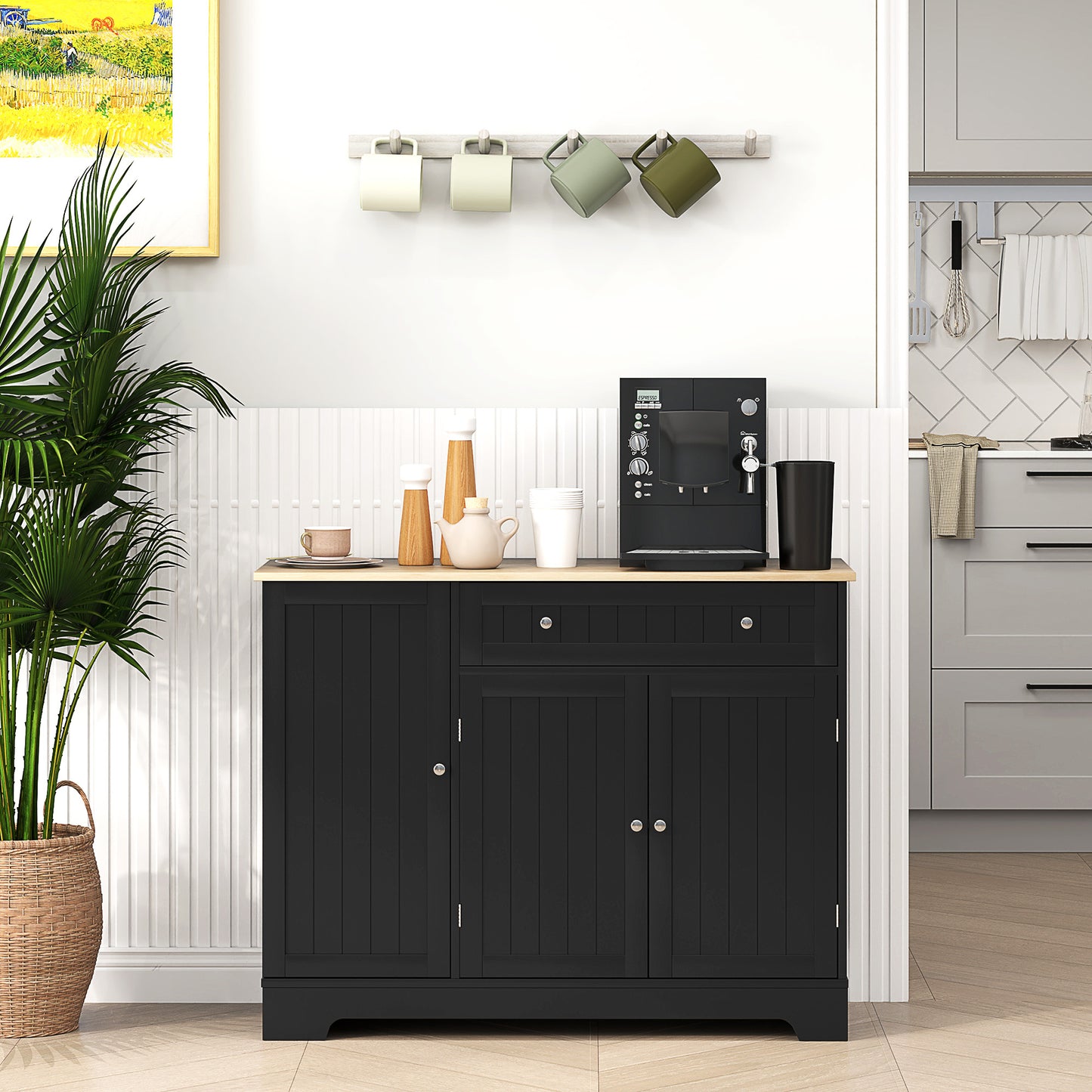 Modern Sideboard Cabinet, 41" Kitchen Buffet Cabinet with Drawer, Adjustable Shelf, 3 Doors for Dining Room, Black