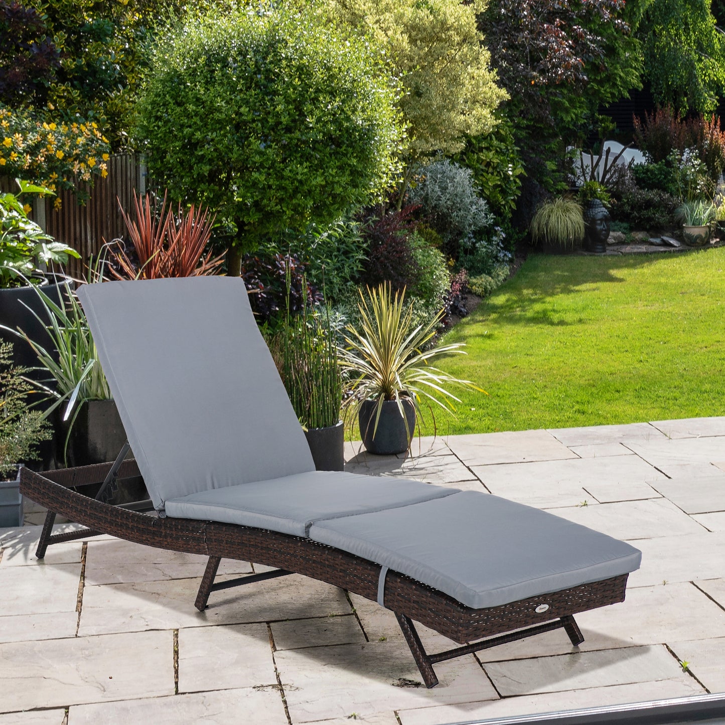 Wicker Patio Lounger, Outdoor Recliners Lounge Chair w/ 5-Level Adjustable Backrest, Cushion for Outdoor, Khaki