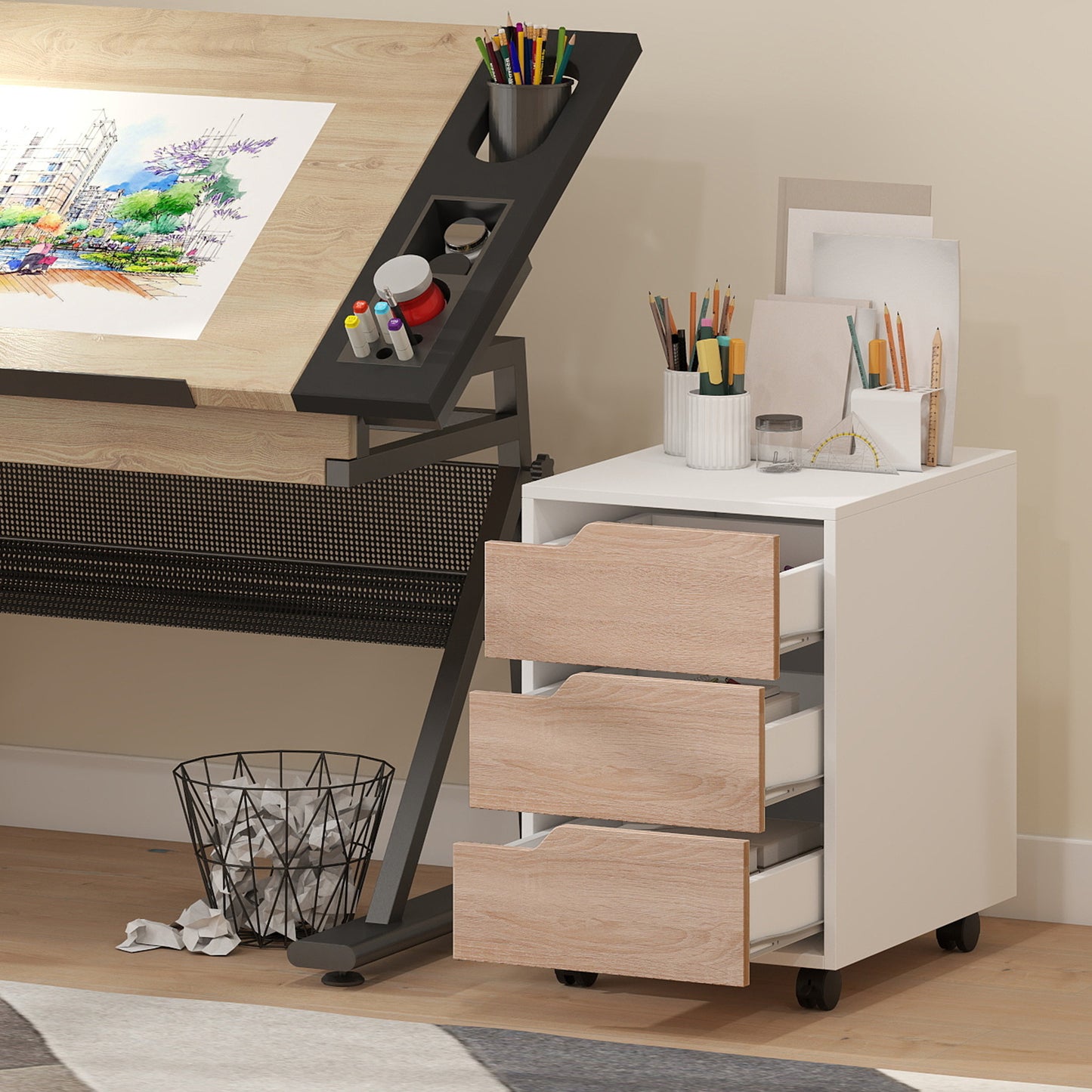 3 Drawer File Cabinet, Mobile Vertical Filing Cabinet with Wheels, Printer Stand with Storage for Home Office, Oak