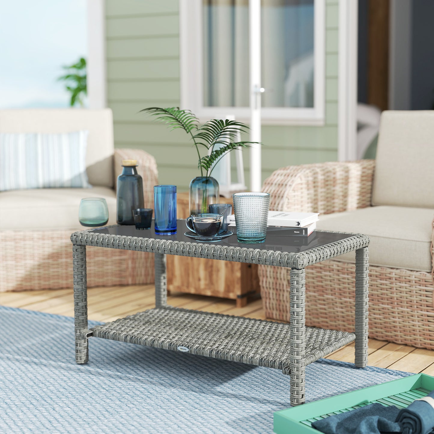 35" Outdoor Wicker Coffee Table with Glass Top, Storage Shelf for Garden Porch Balcony Deck, Dark Grey