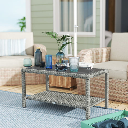 35" Outdoor Wicker Coffee Table with Glass Top, Storage Shelf for Garden Porch Balcony Deck, Dark Grey