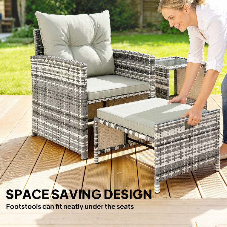 5-Piece Wicker Set with Ottomans & Glass Table - Grey/Cream