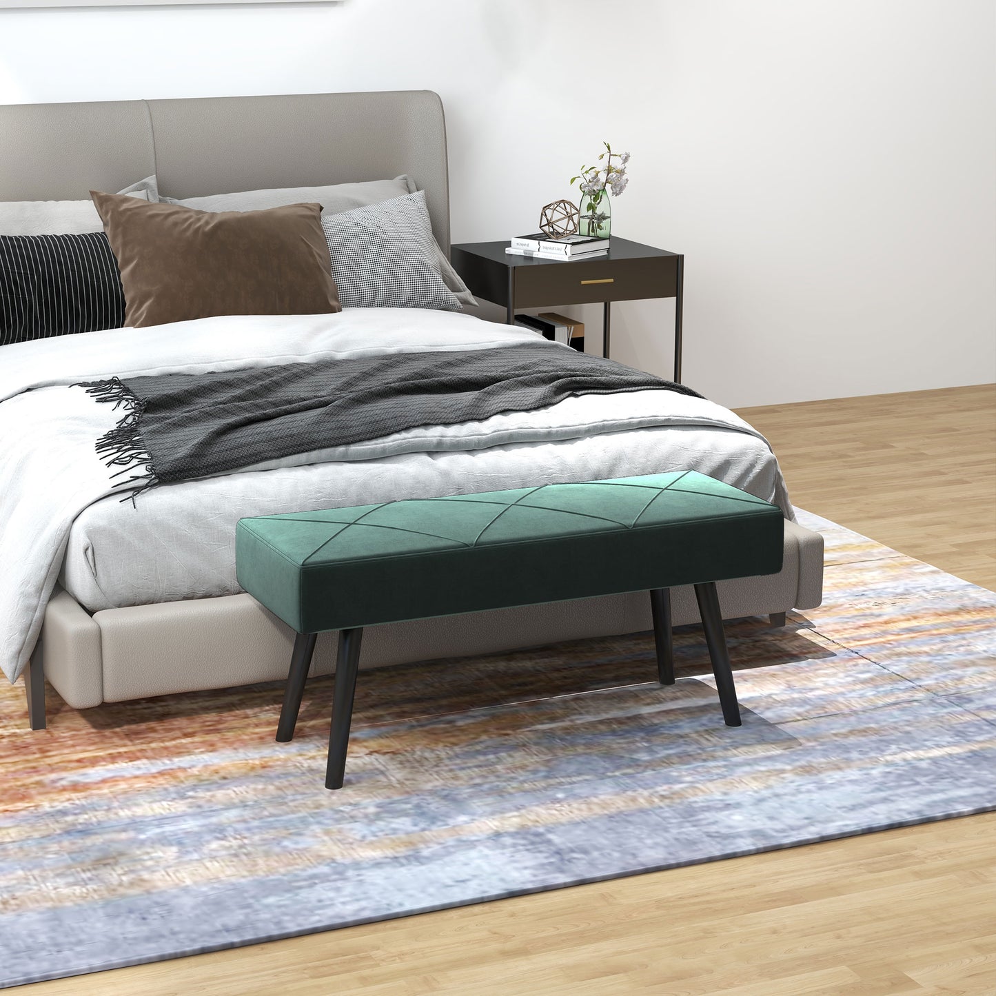 39 Inches Upholstered Bedroom Bench, Modern End of Bed Bench with Steel Legs, Green
