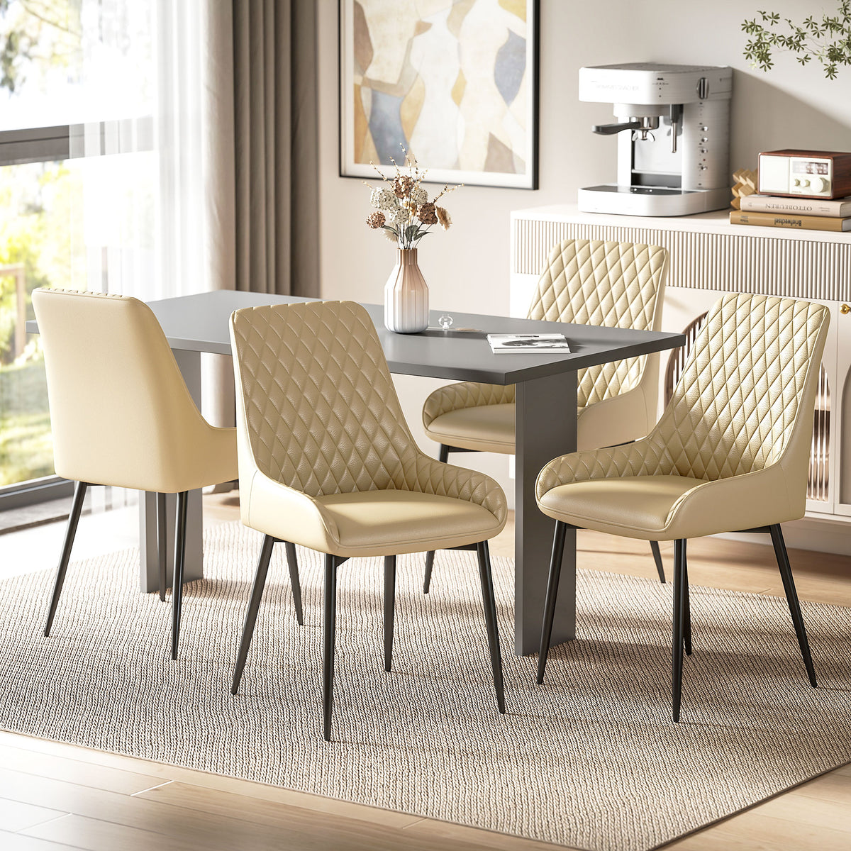 Upholstered Kitchen Chairs, Modern Dining Chairs Set of 4 with Diamond Tufting and Steel Legs for Dining Room, Khaki